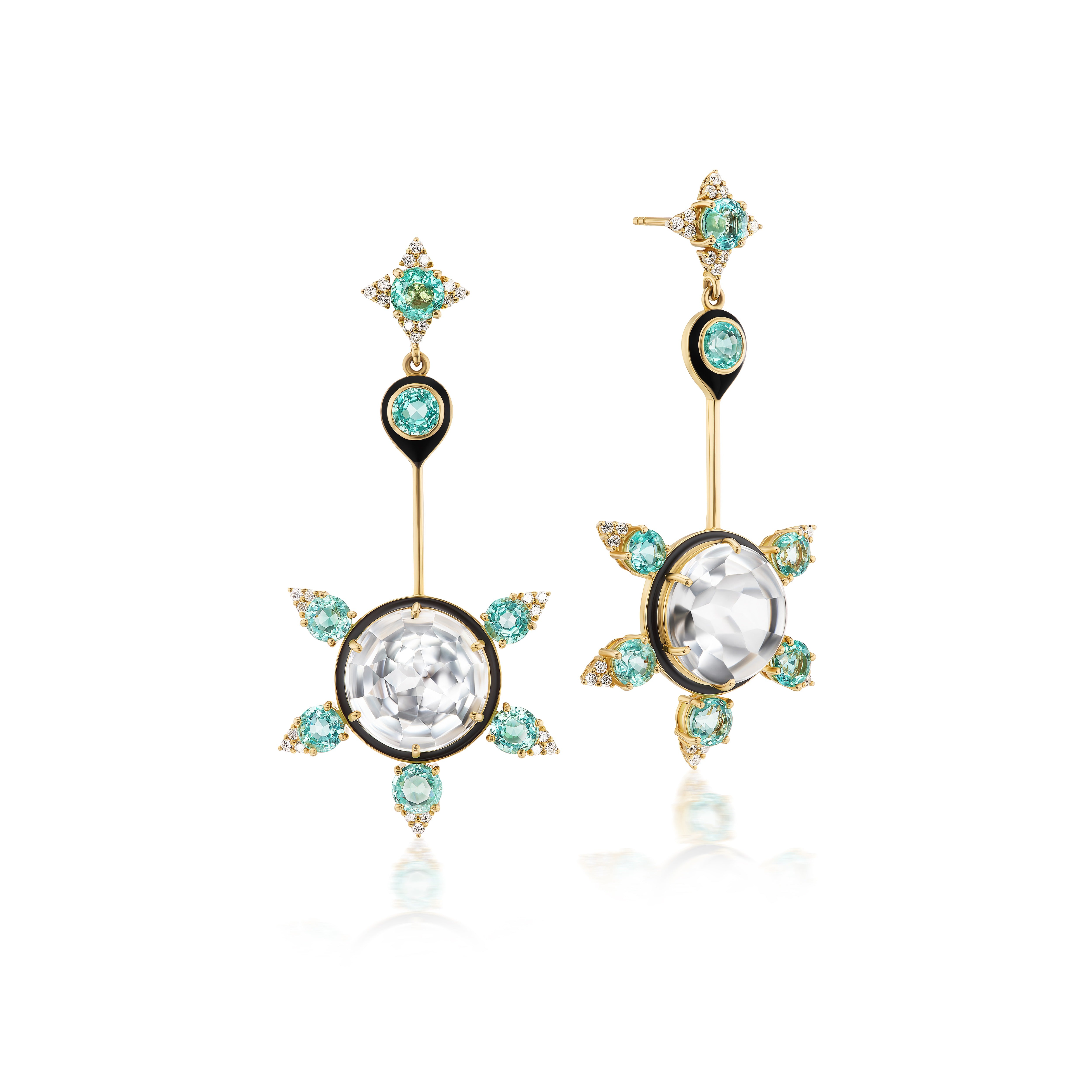 Emerald & Rock Crystal Starburst Earrings with Diamonds in Yellow Gold
