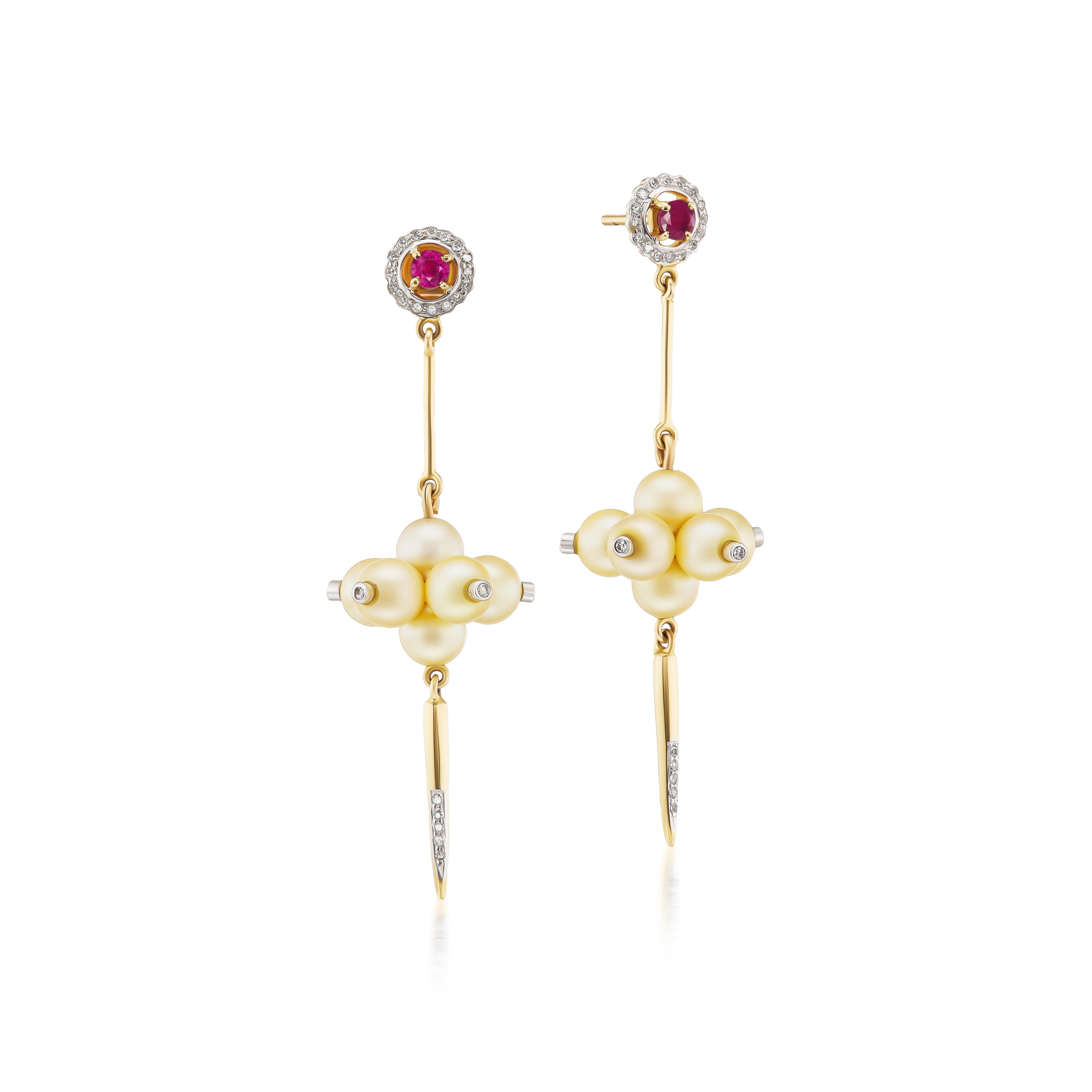 Pearl Grape Earrings with Rubies, Diamonds and Pearls in Yellow Gold