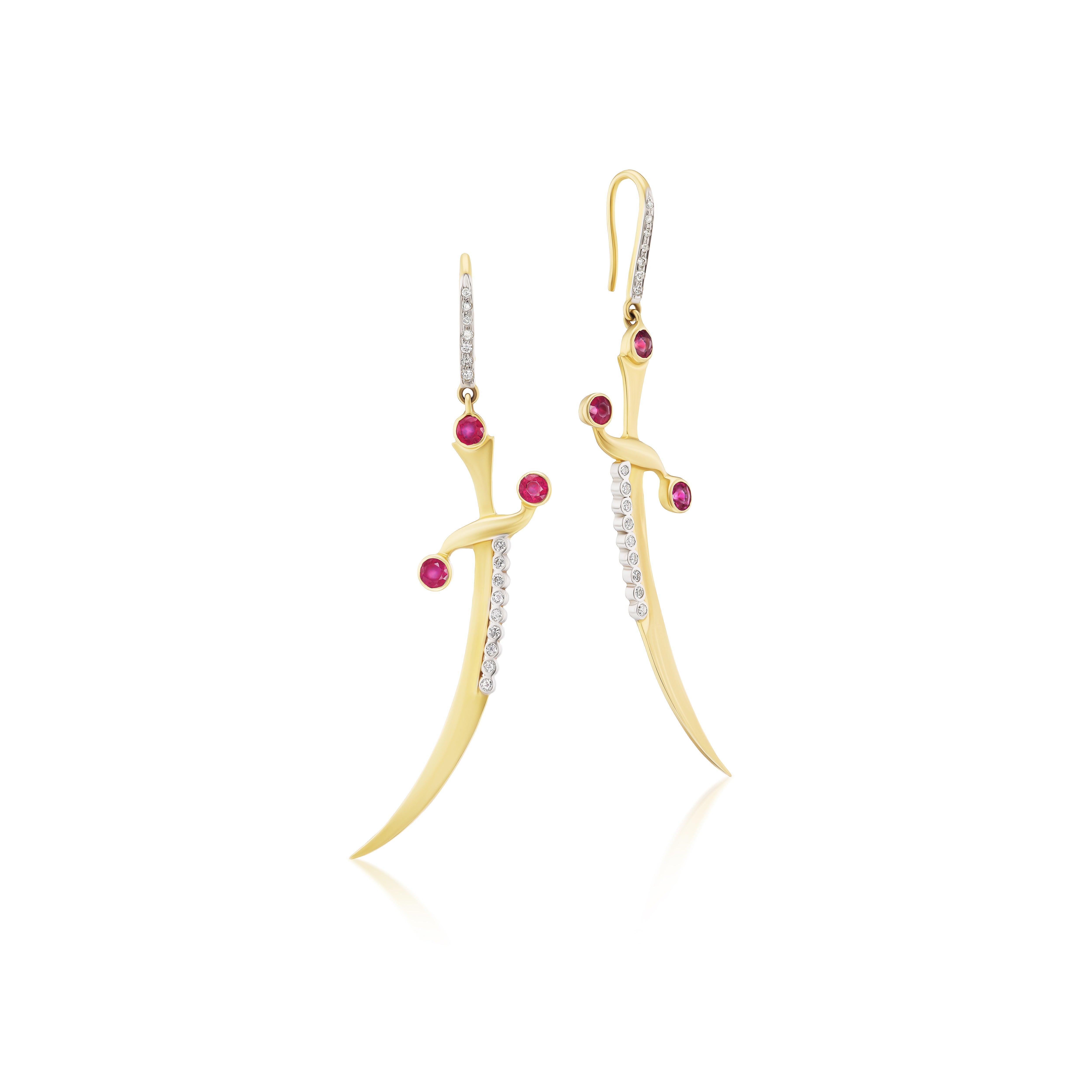 Gold, Ruby & Diamond Talismanic Dagger Earrings in Yellow Gold