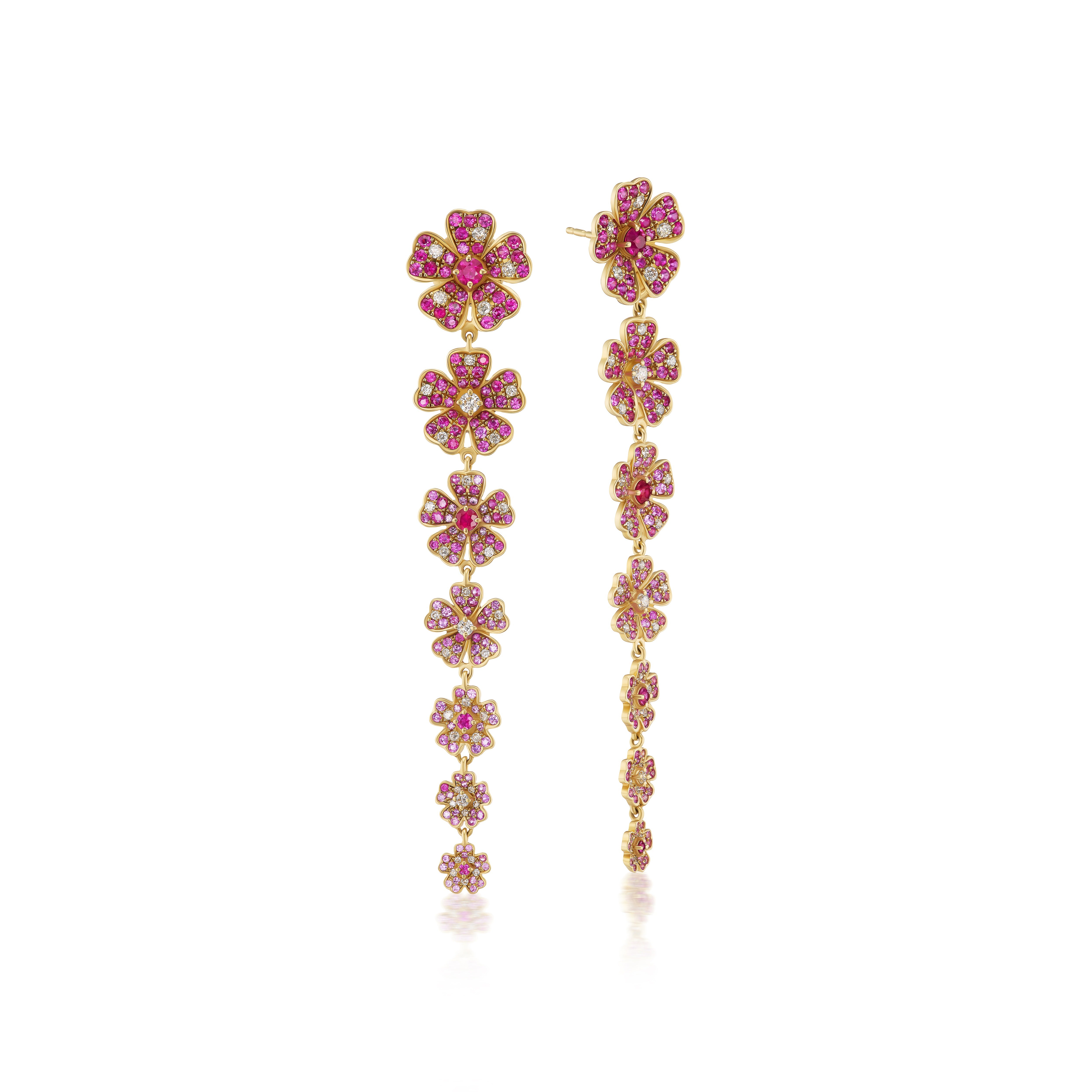 Pink Flower Bud Earrings with Rubies and Diamonds in Yellow Gold