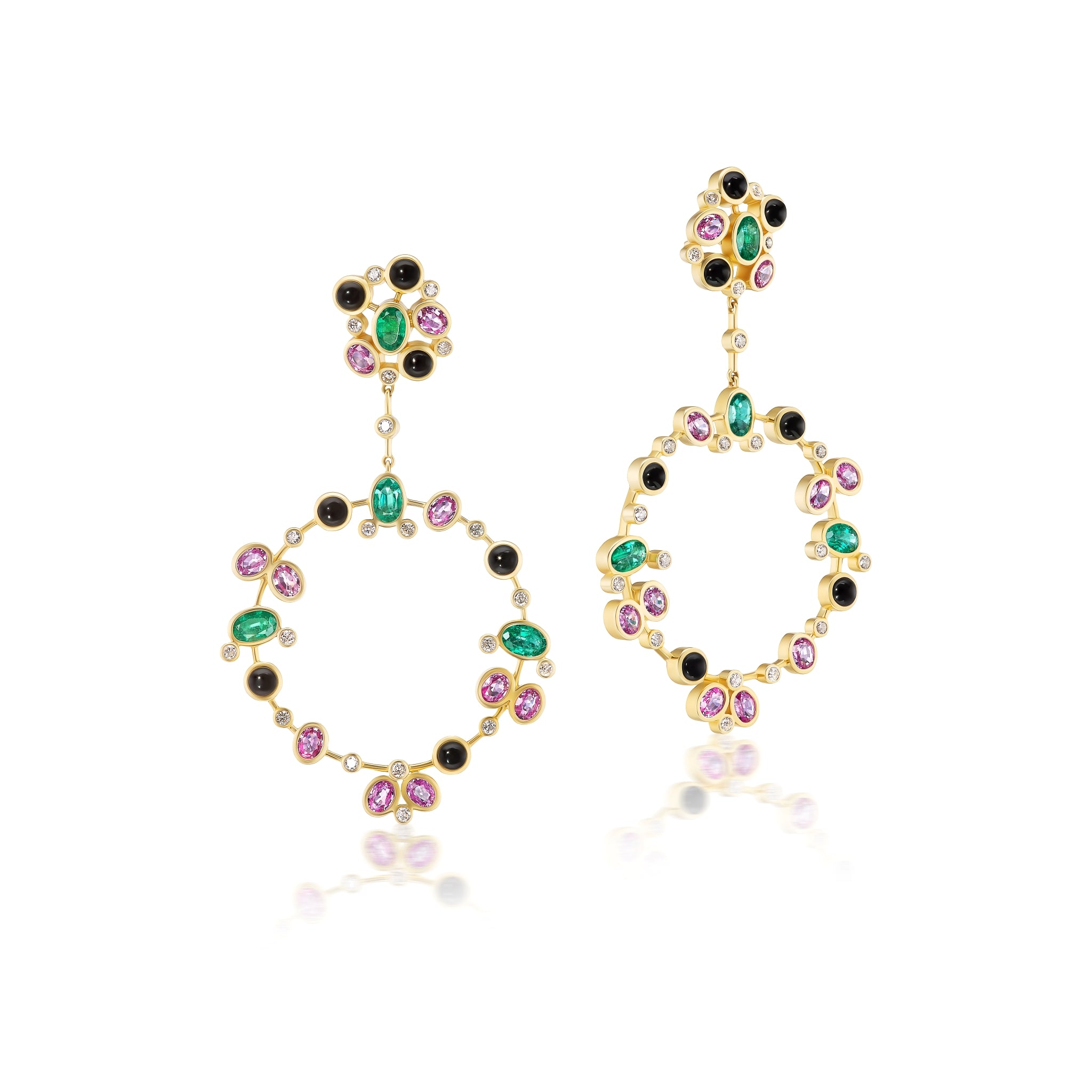 Garland Earrings with Diamonds, Emerald, Pink Onyx and Black Onyx in Yellow Gold
