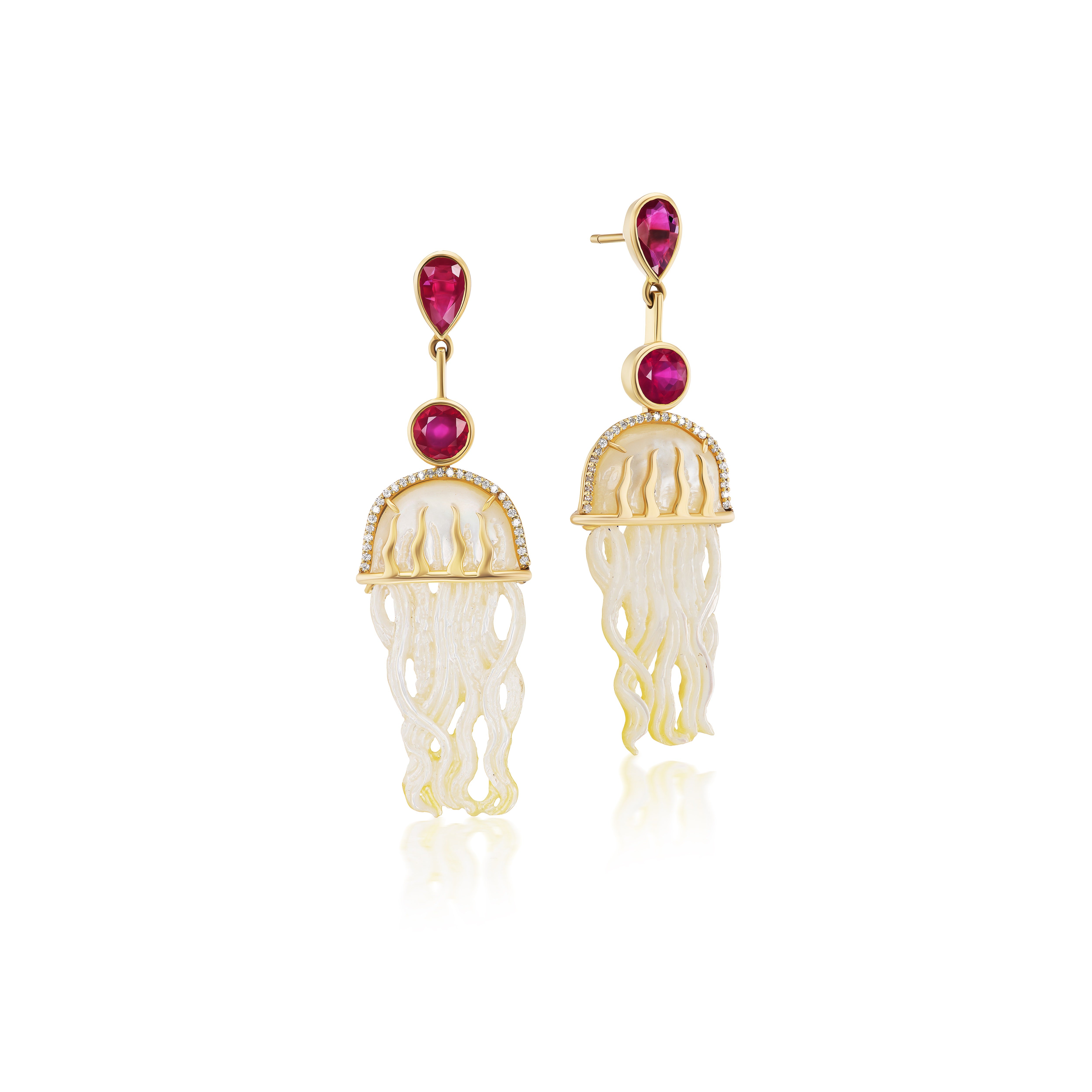 Jellyfish Earrings with Rubies, Diamonds and Pearl in Yellow Gold
