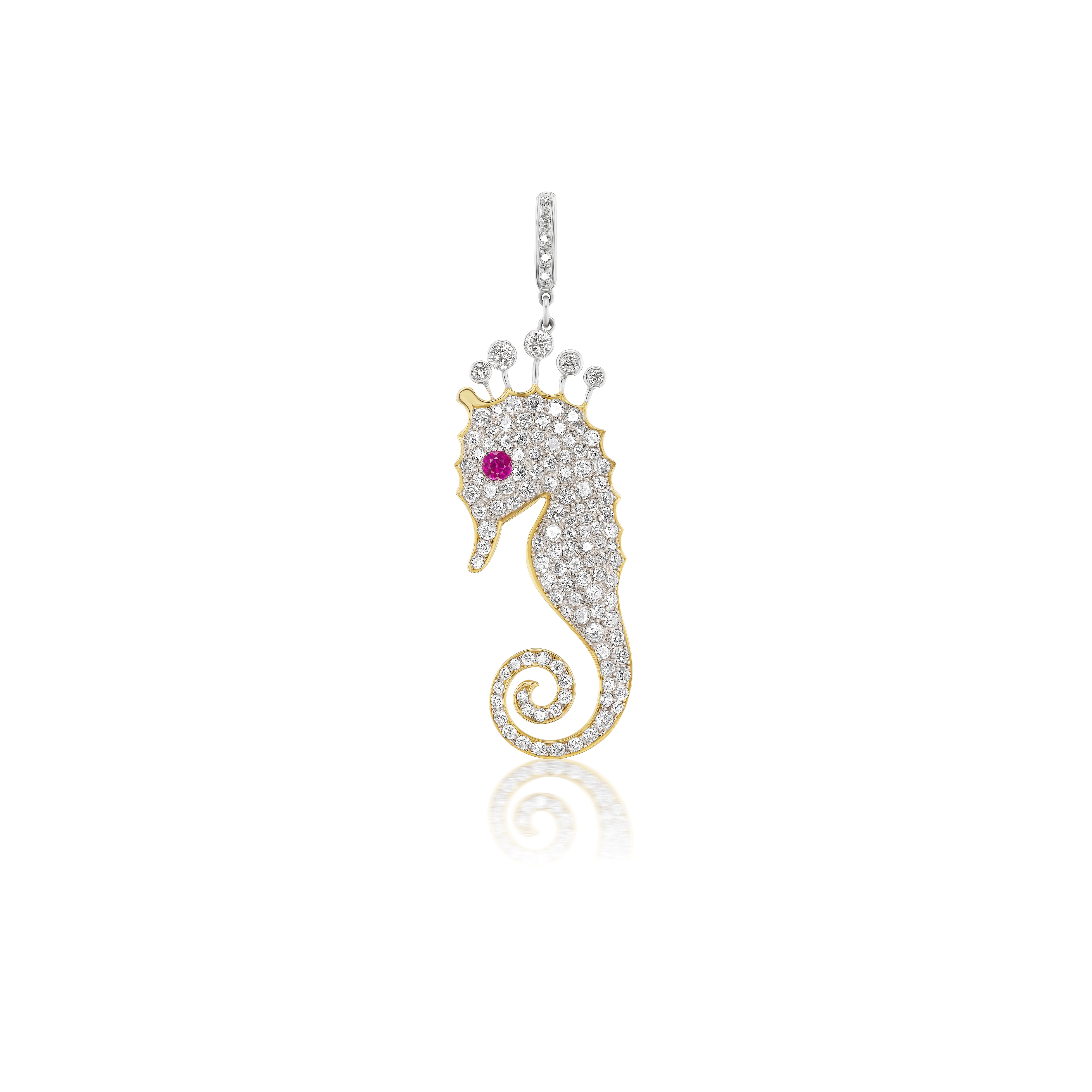 Diamond Sea Horse Pendant with Diamonds and Ruby in Yellow Gold