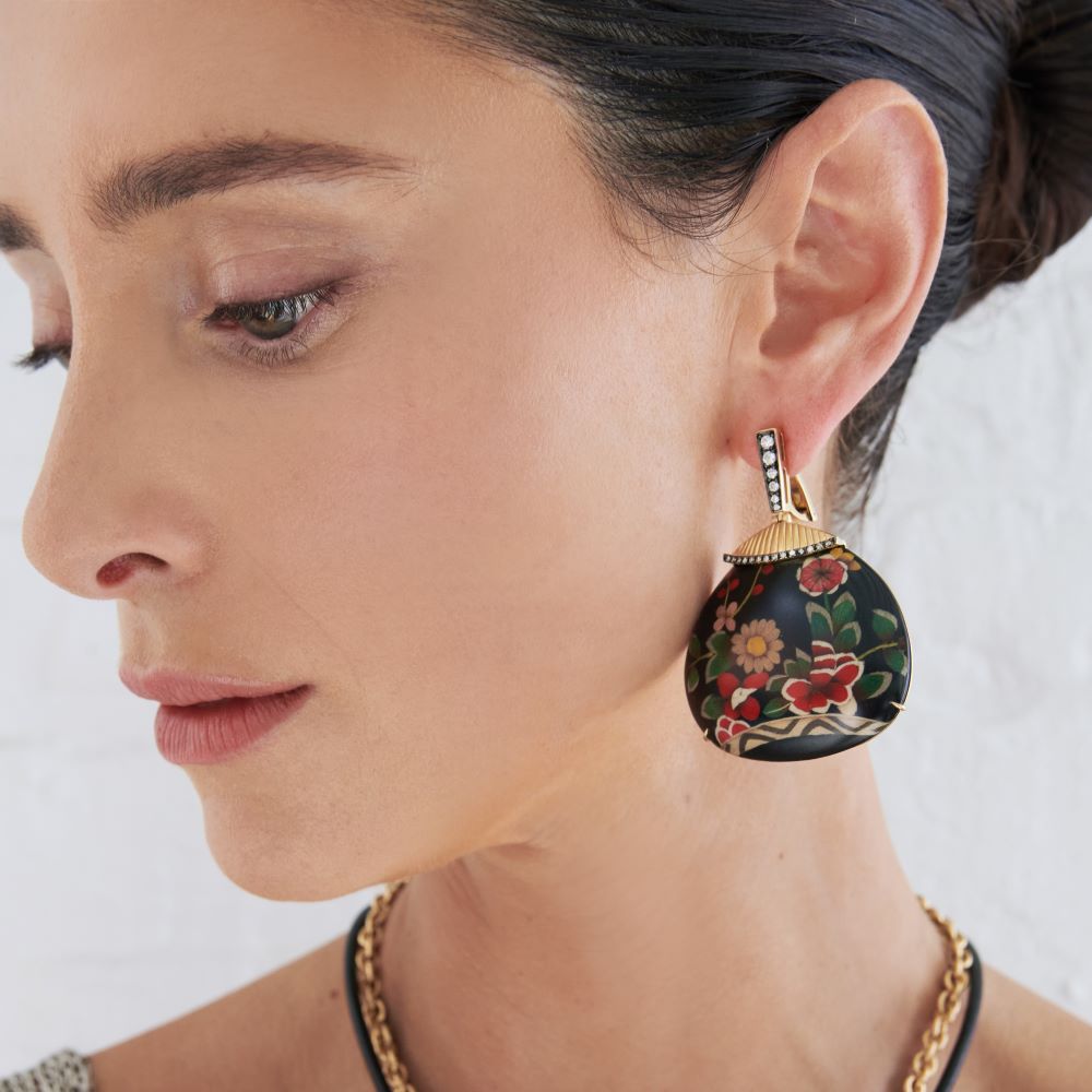 Black Floral Marquetry Drop Earrings