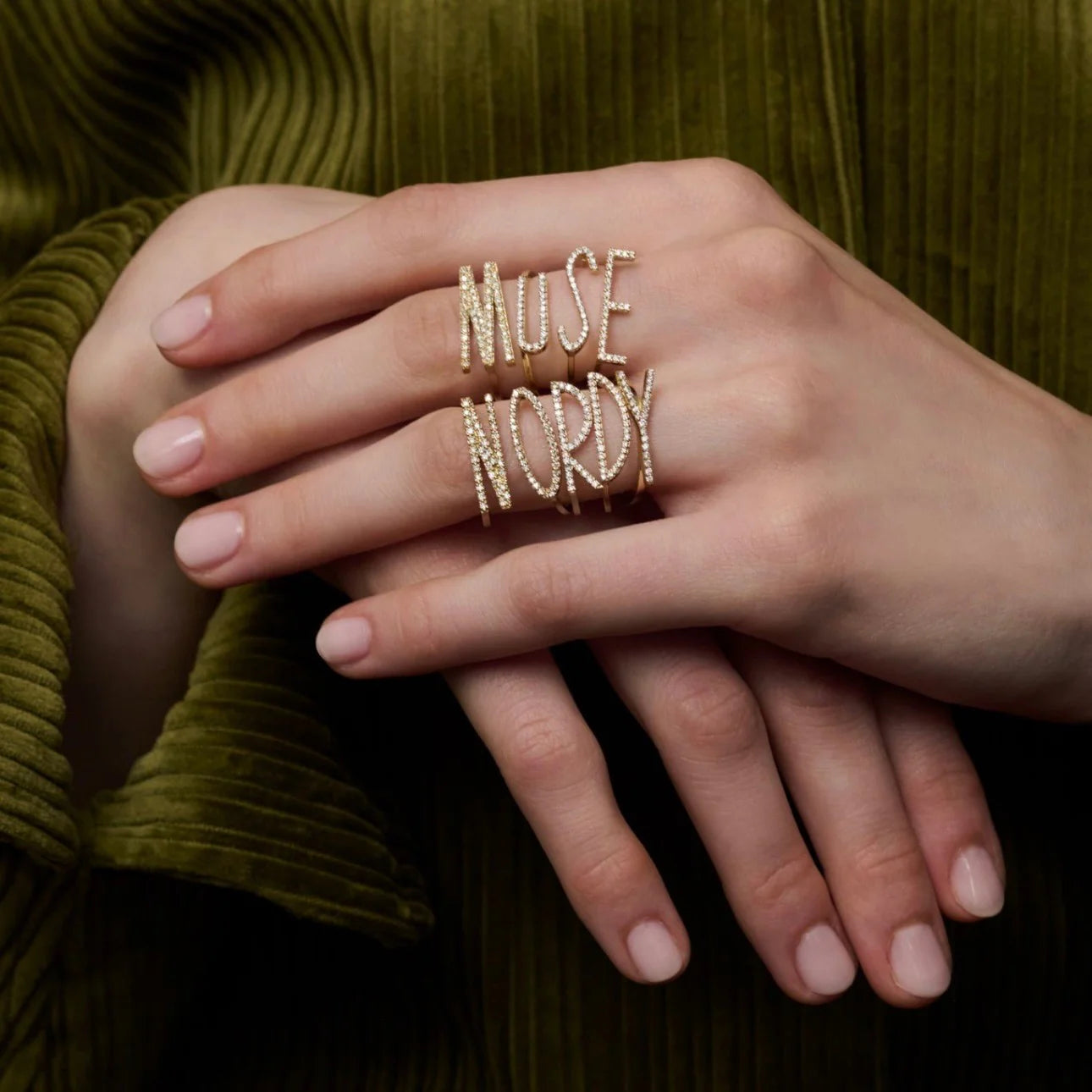 Pavè White Diamond Letter Ring in Yellow Gold