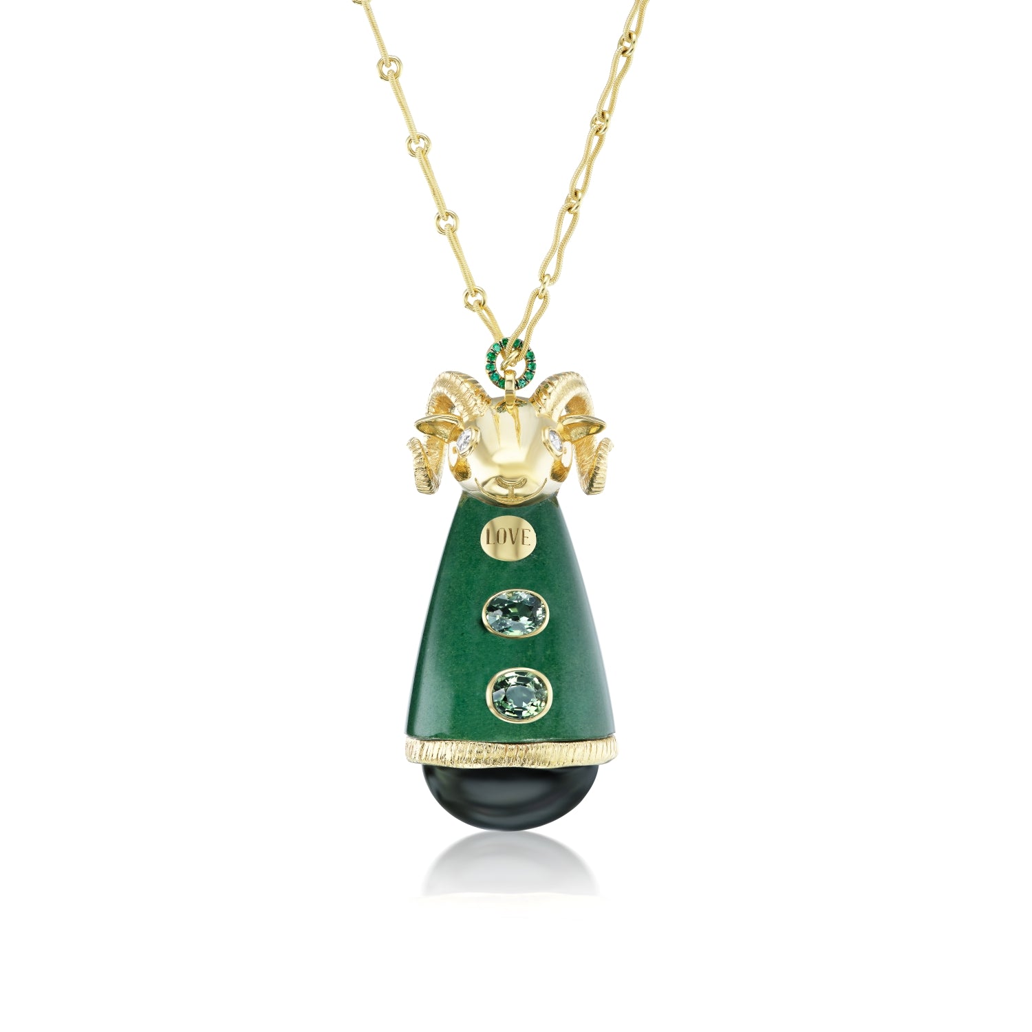 Green Tourmaline Big Ram Totem Necklace in Yellow Gold