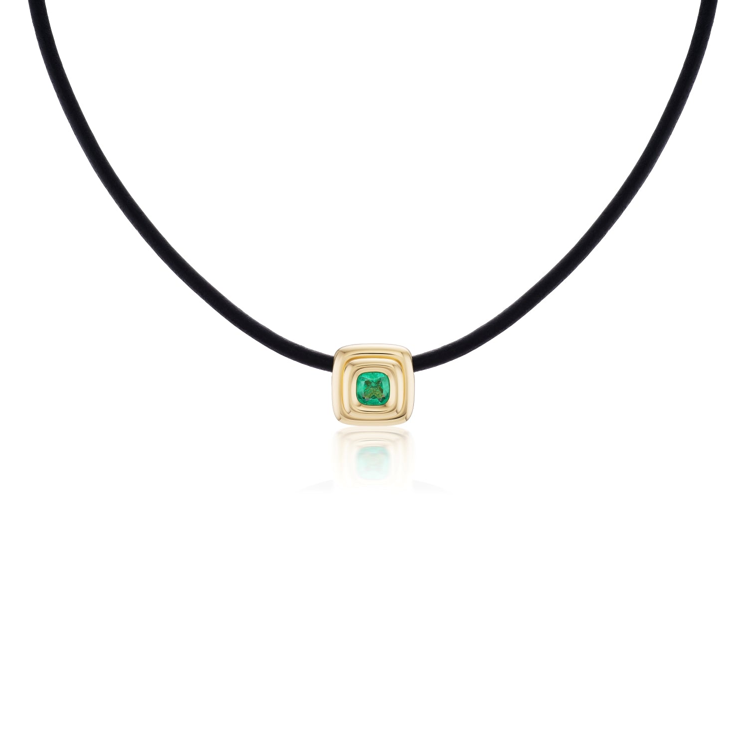 Cushion Cut Emerald Ripple Choker in Black Leather and Yellow Gold