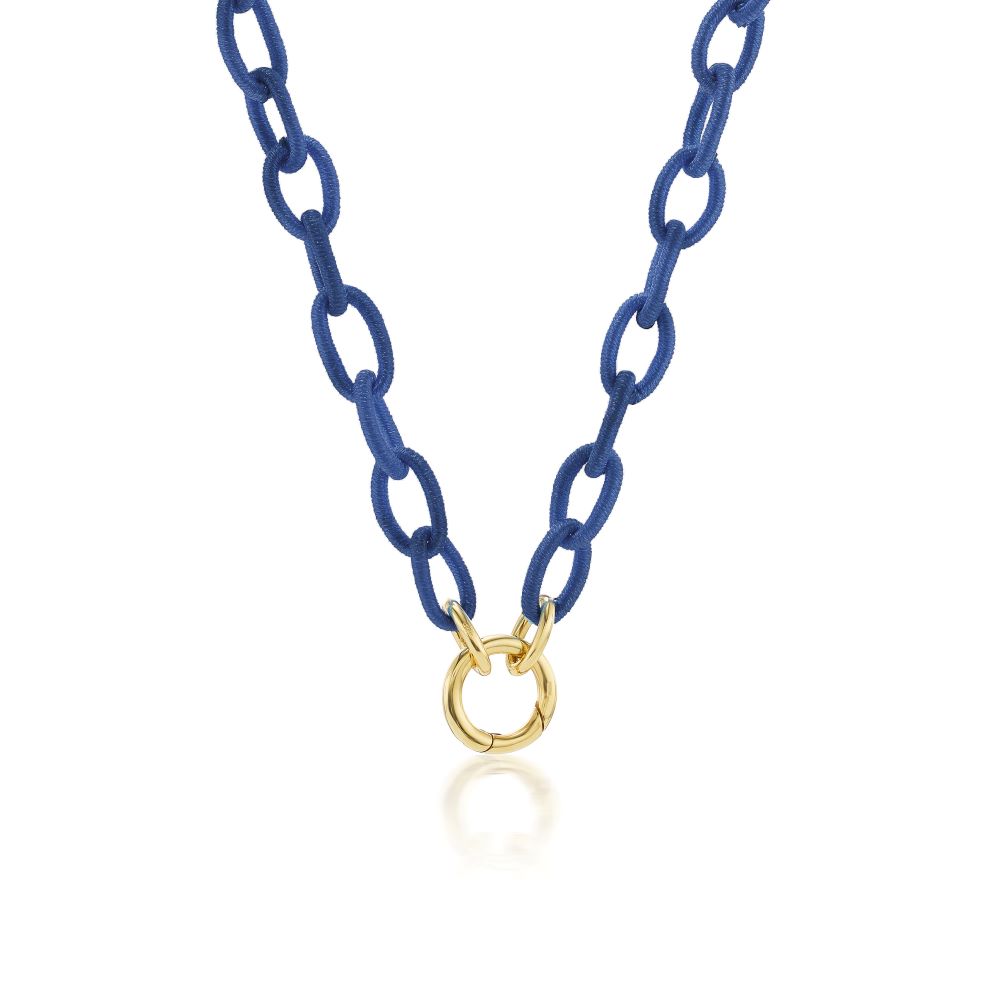 An Anna Maccieri Rossi silk thread chain necklace with a gold clasp featuring silk thread links and charms.