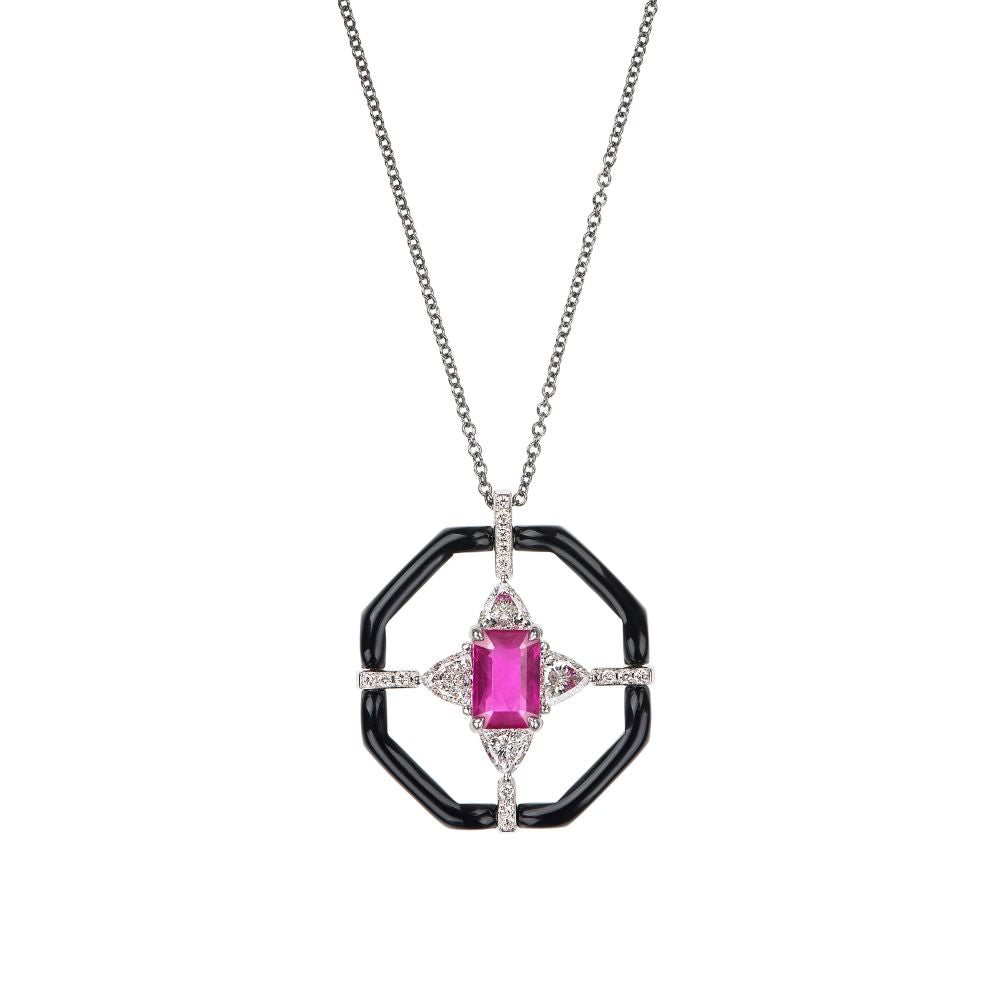 A Nikos Koulis Oui Black Enamel Pendant With Mozambican Rubies accentuated by diamonds.