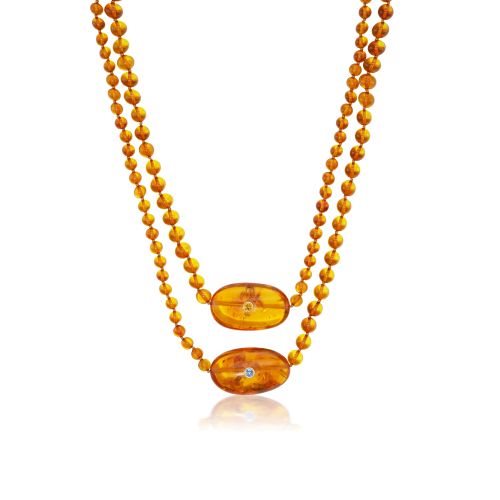 Amber Beaded Necklace with Blue and Pink Sapphires Set on Oval Amber