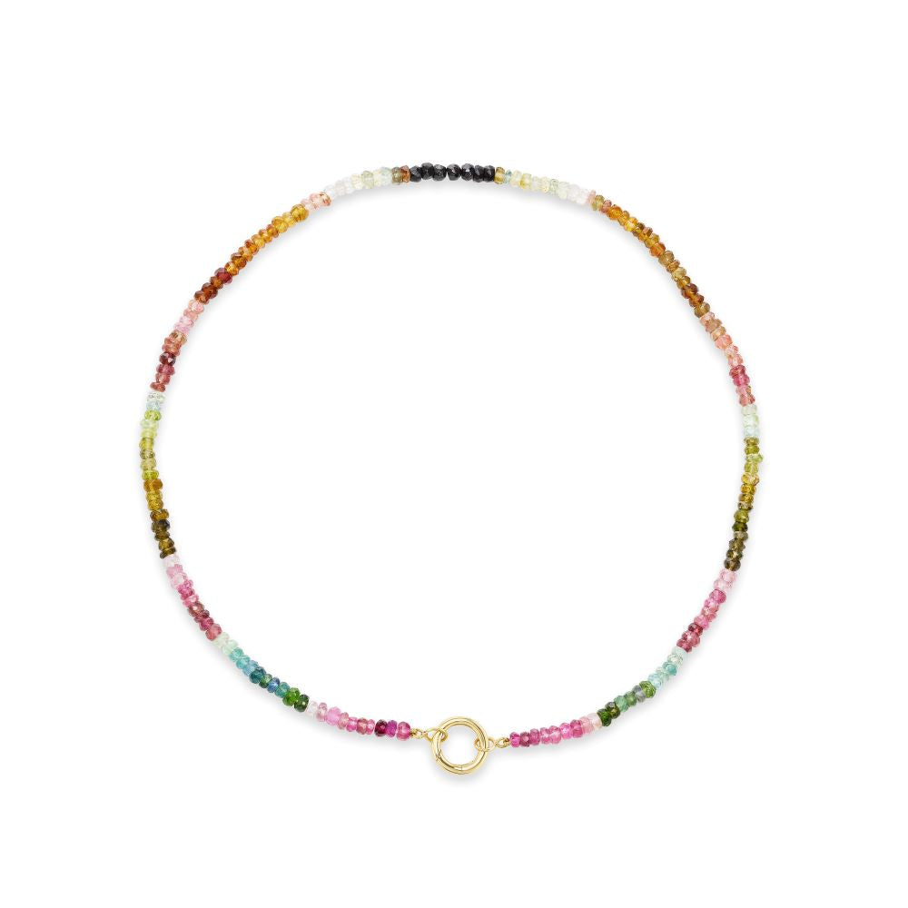 An Anna Maccieri Rossi Sapphire Beaded Necklace with multi-colored gemstones and a gold clasp.