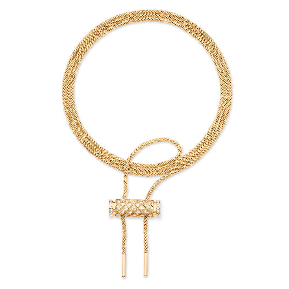 A Nouvel Heritage Latch Chain Yellow Gold Full Diamond Necklace with a gold-plated clasp.
