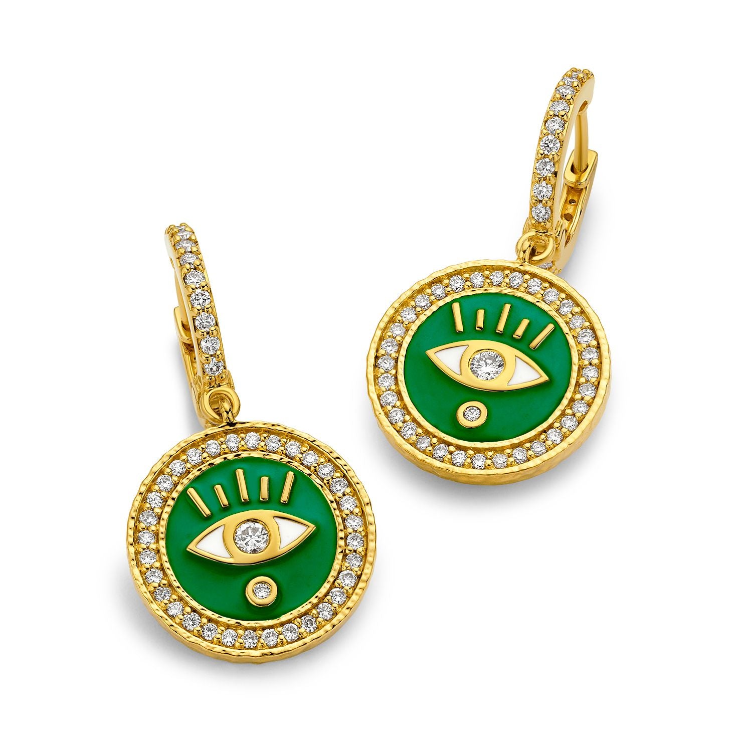 Kelly Green Enamel Evil Earrings with Diamonds