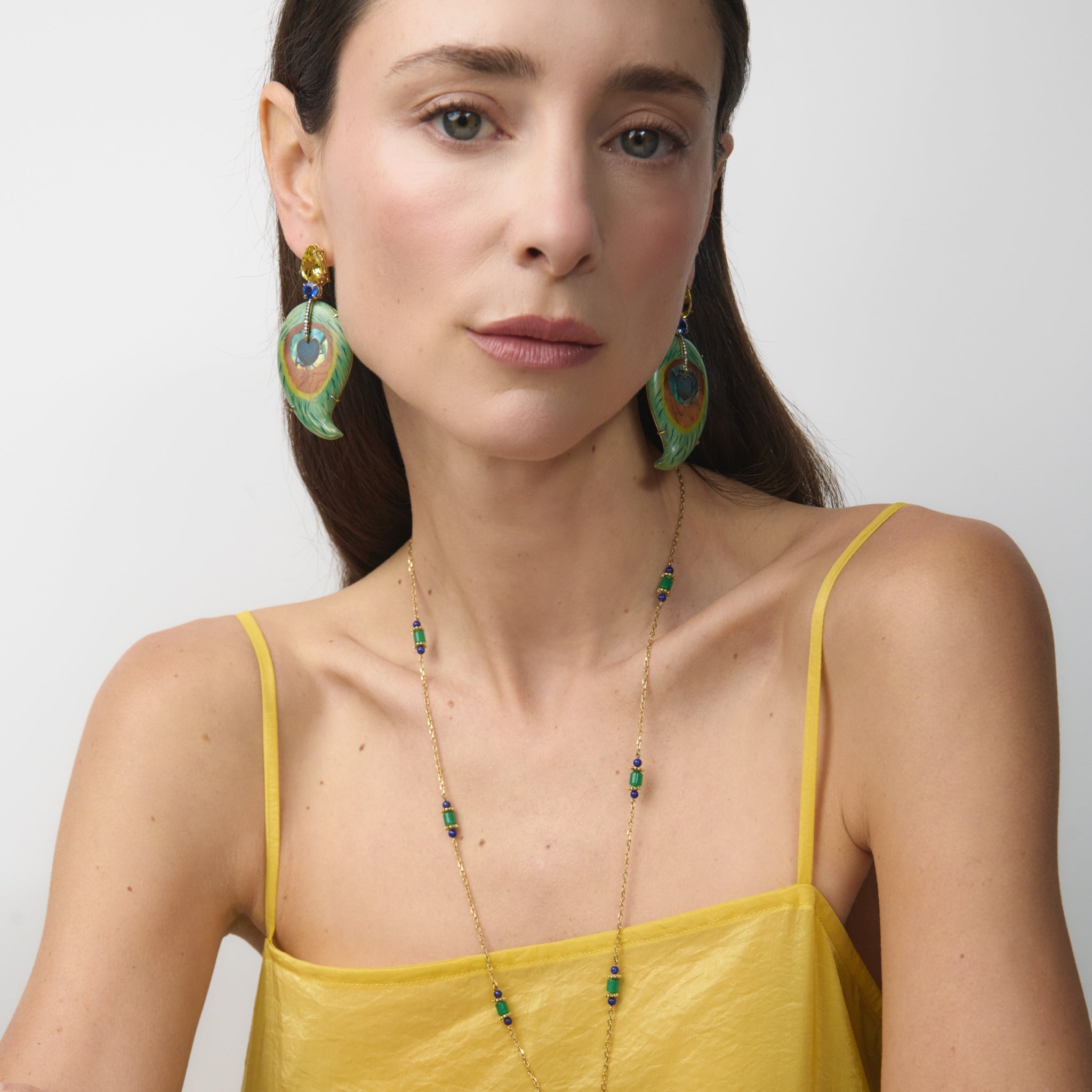 Marquetry irregulars drop shaped earrings with peacock feathers pattern and abalone inlay