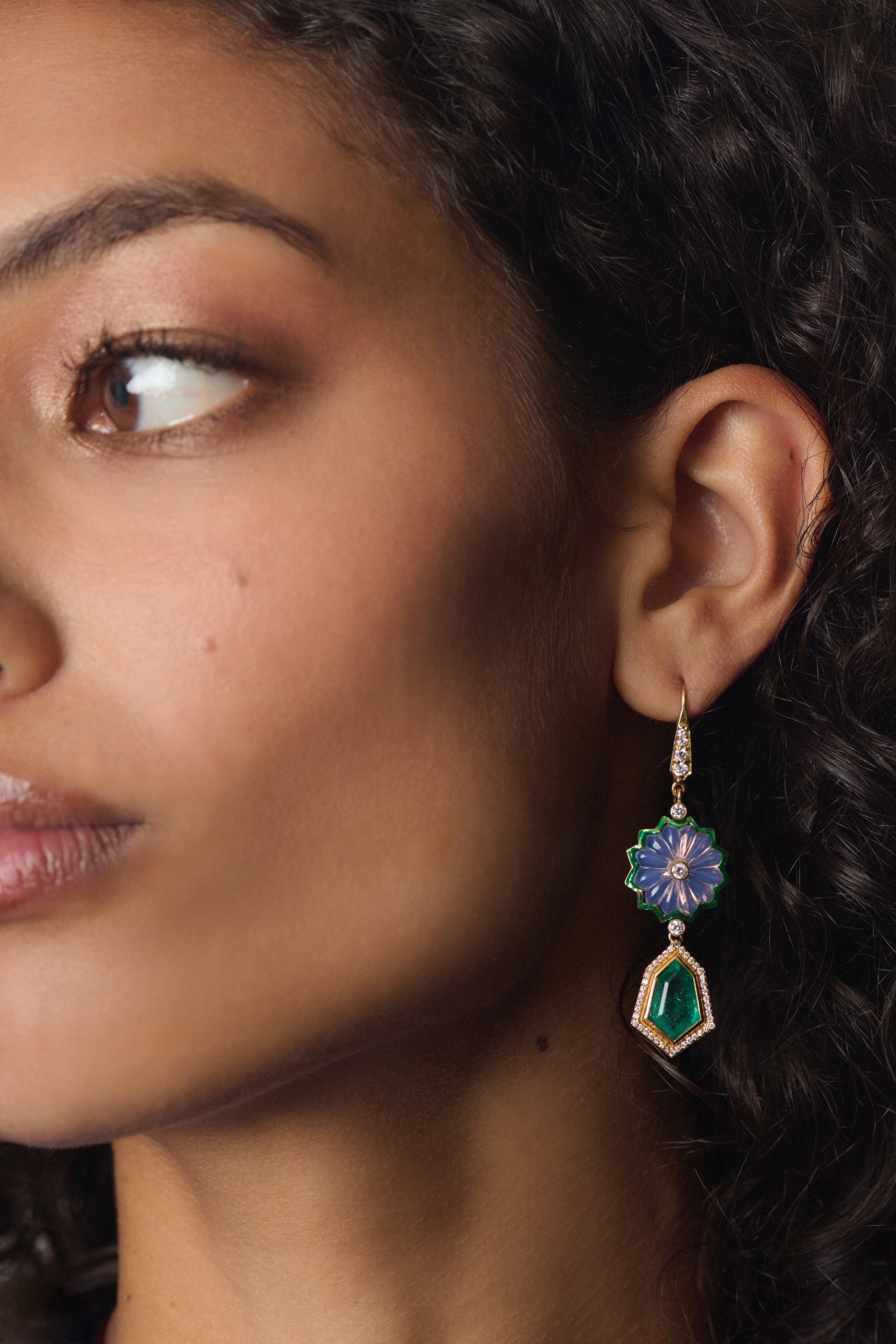 Priti Please Earrings with Emerald, Diamond and Lavender Flower Stone in Yellow Gold