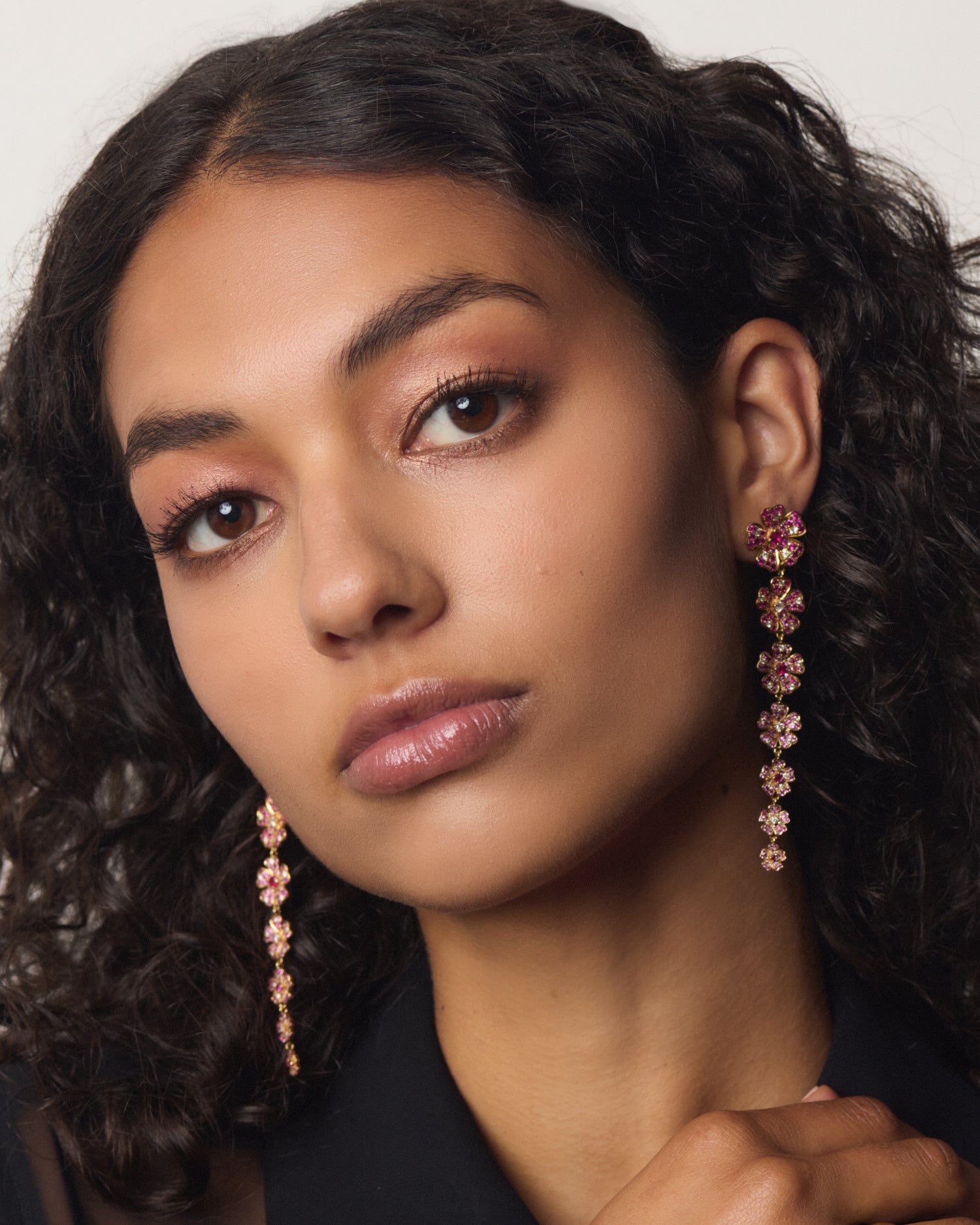Pink Flower Bud Earrings with Rubies and Diamonds in Yellow Gold