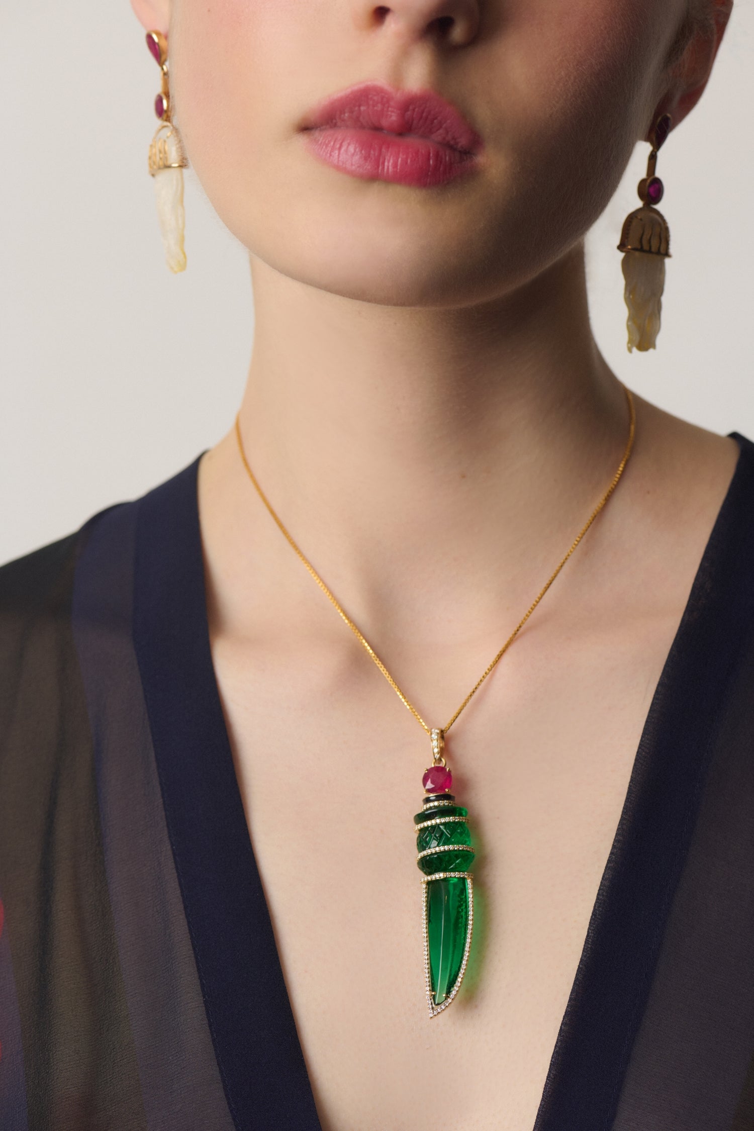 Green Drama Dagger Pendant with Diamonds, Rubies and Hydra in Yellow Gold