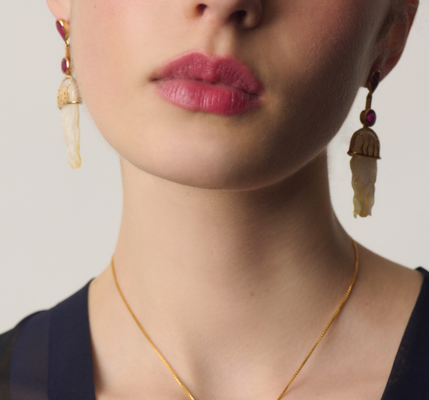 Jellyfish Earrings with Rubies, Diamonds and Pearl in Yellow Gold