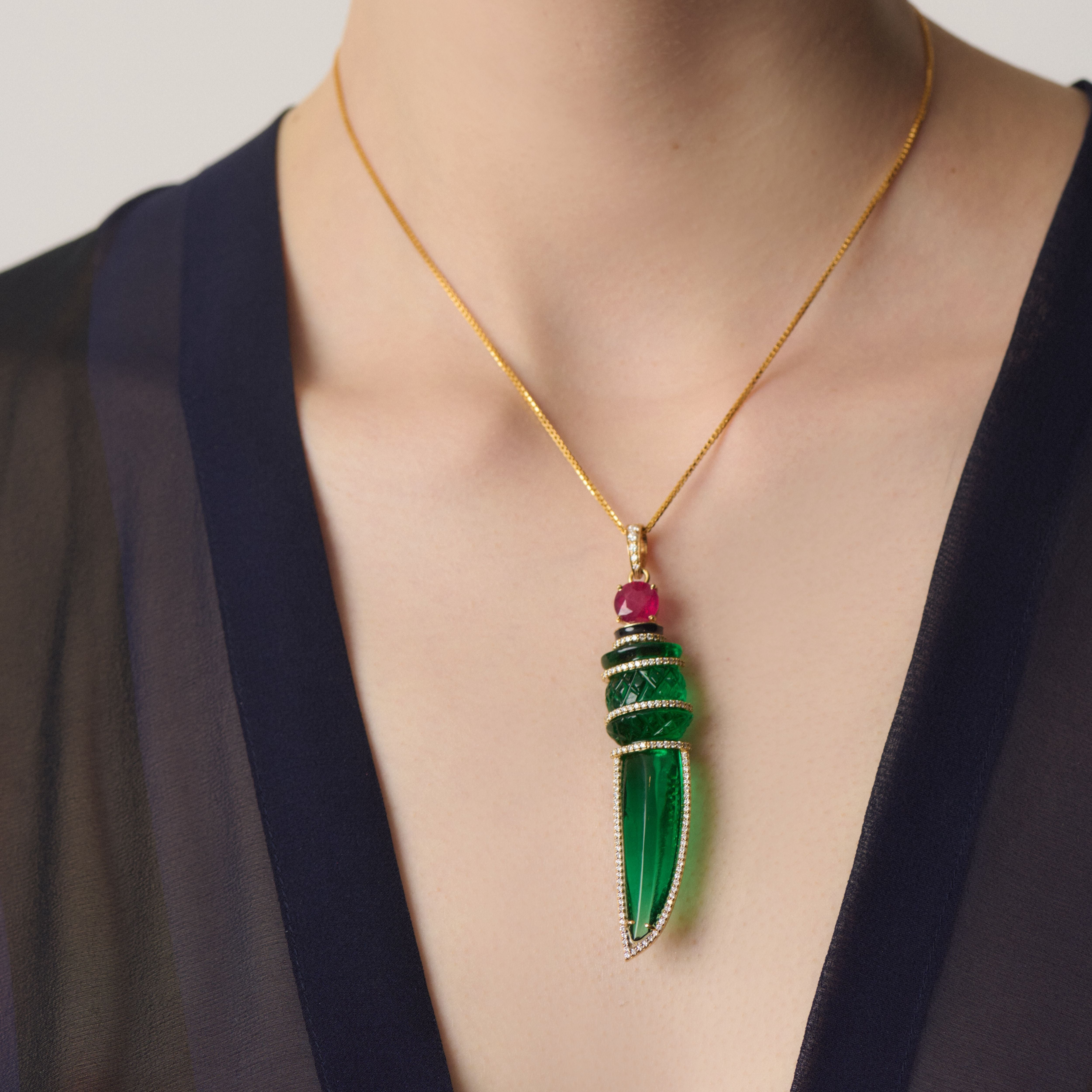 Green Drama Dagger Pendant with Diamonds, Rubies and Hydra in Yellow Gold