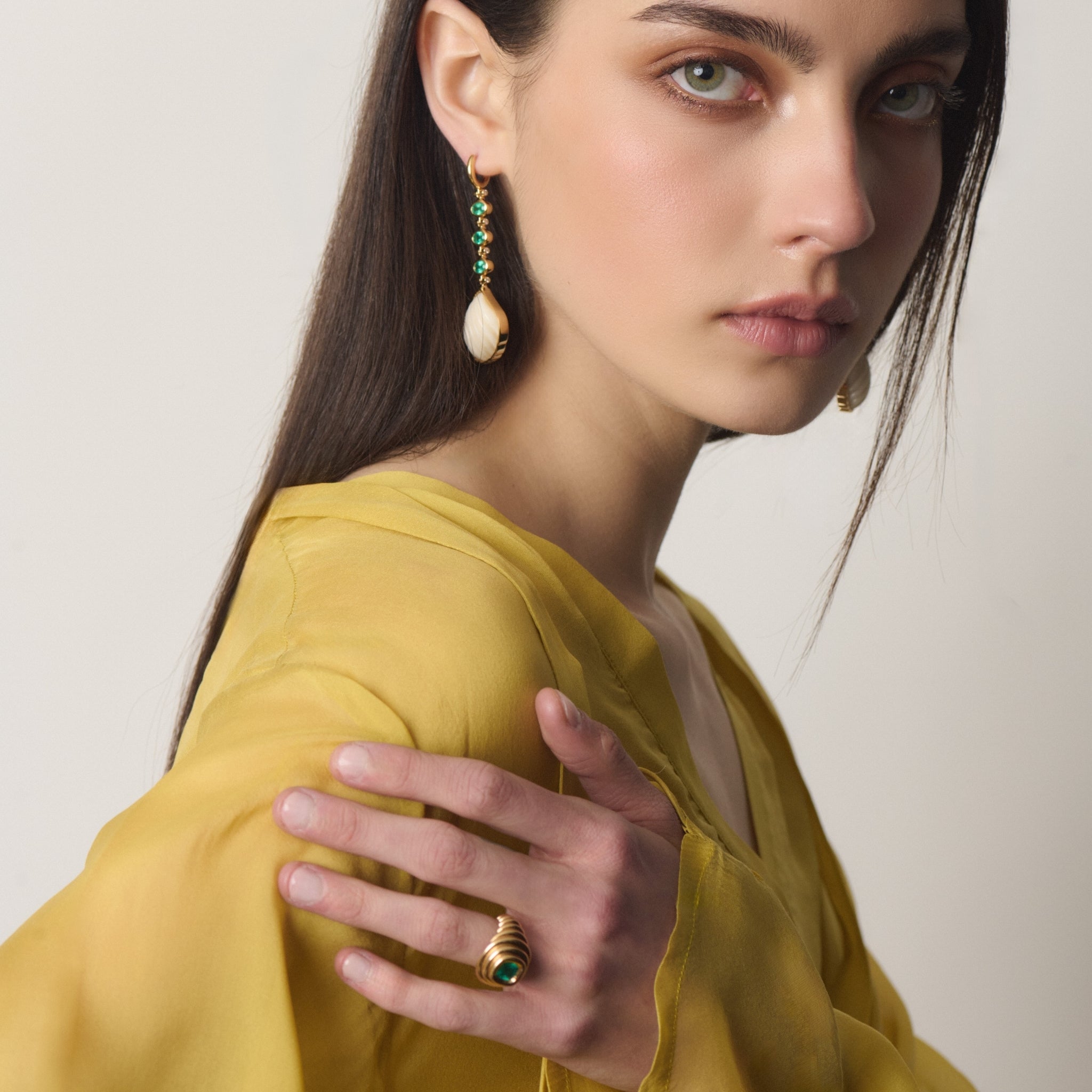 Large Brazilian Emerald Ripple Ring in Yellow Gold