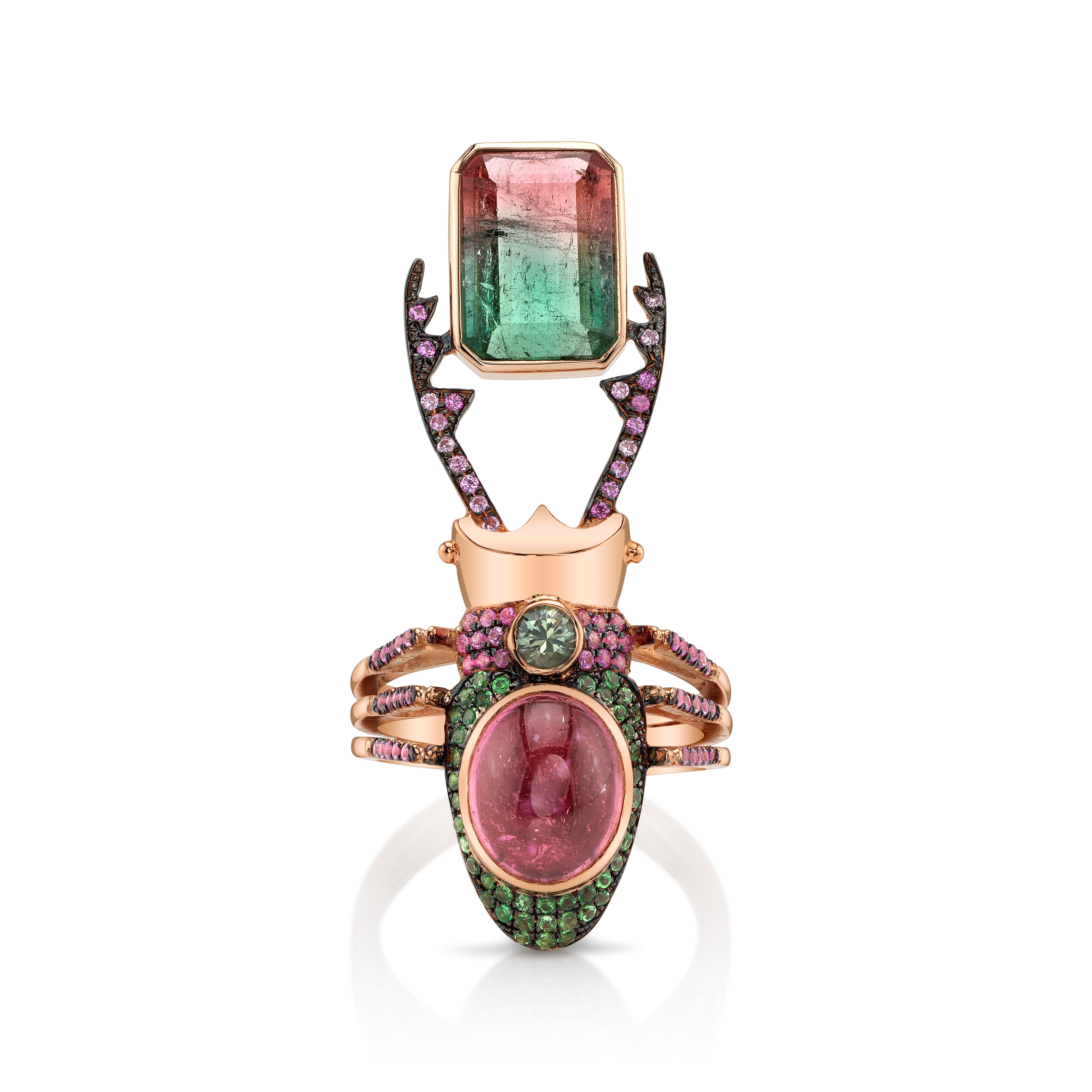 Watermelon Tourmaline Pushpavati Stag Beetle Ring in Rose Gold