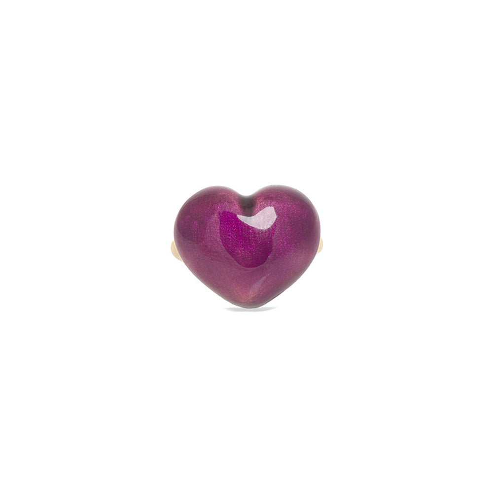 A solid yellow gold Puffy Heart ring adorned with amethyst on a white background, by Christina Alexiou.