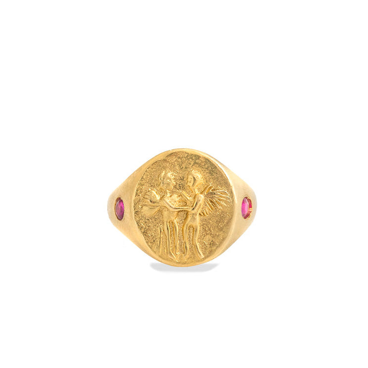 Pink Sapphire Eros and Psyche Signet Ring in Yellow Gold