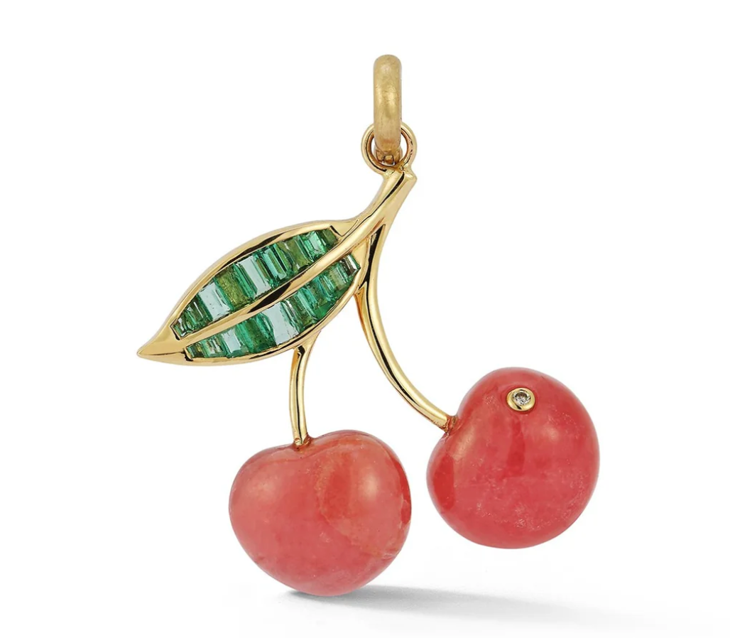 Emerald and Rhodochrosite Sweet Cherry Charm in Yellow Gold