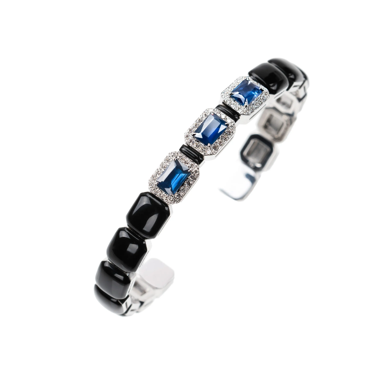 Blue Sapphire and White Diamond Enamel Oui Cuff in White Gold