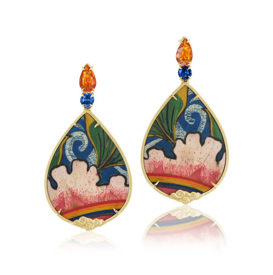 Tibetan Floral Marquetry Earrings in Yellow Gold