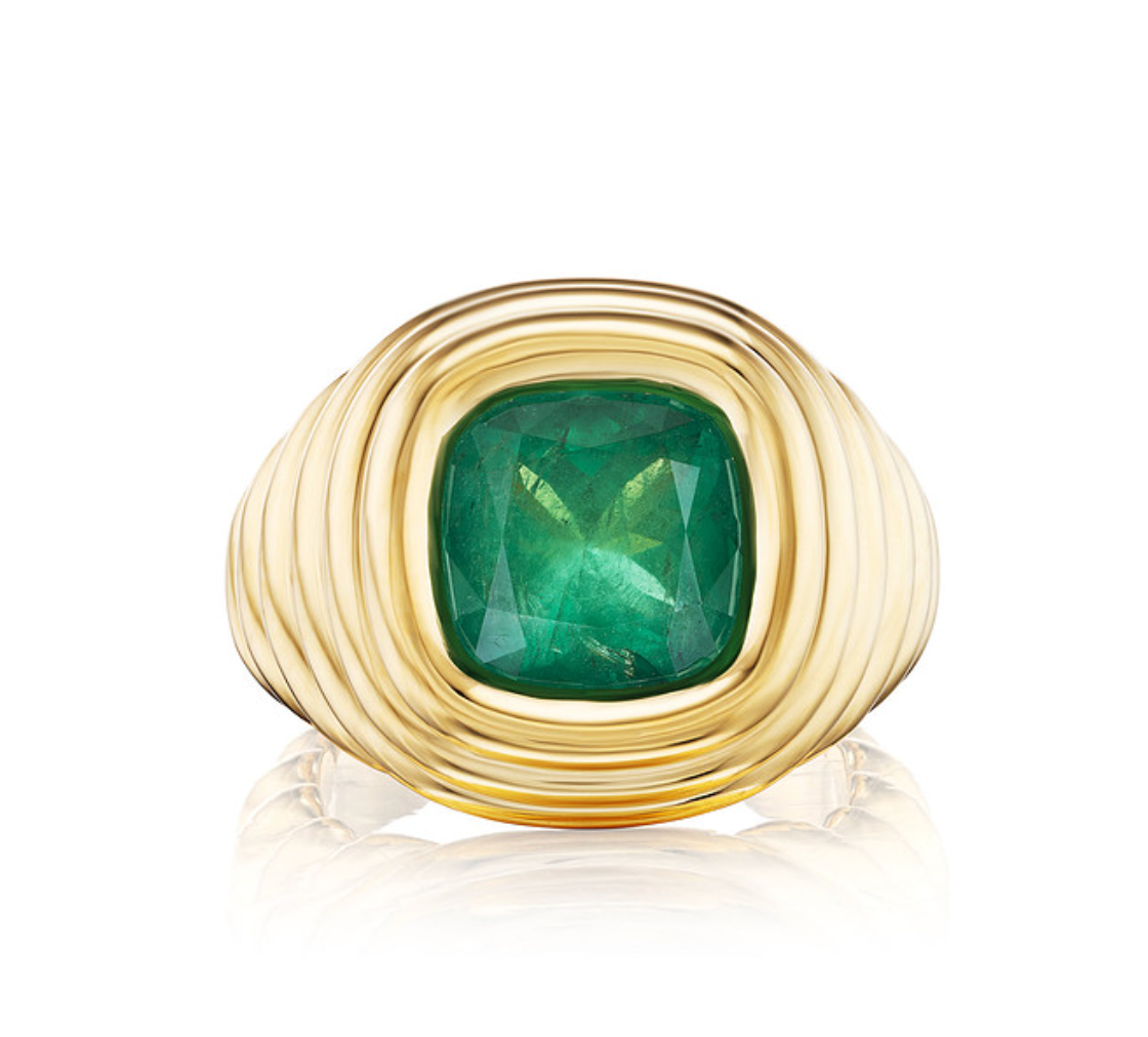 Large Brazilian Emerald Ripple Ring in Yellow Gold