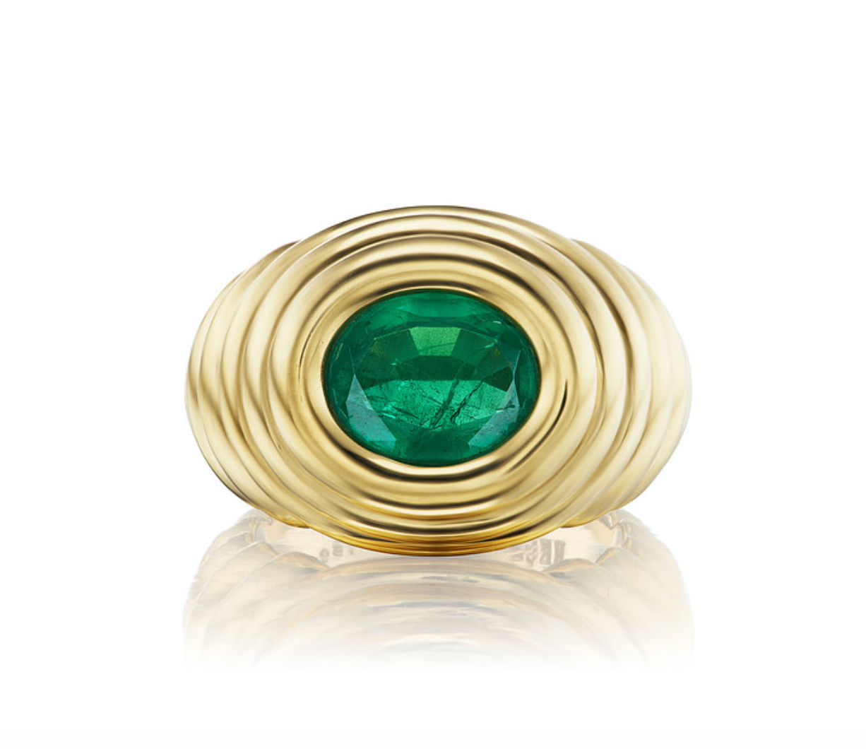 Large Brazilian Oval Shaped Emerald Ripple Ring in Yellow Gold