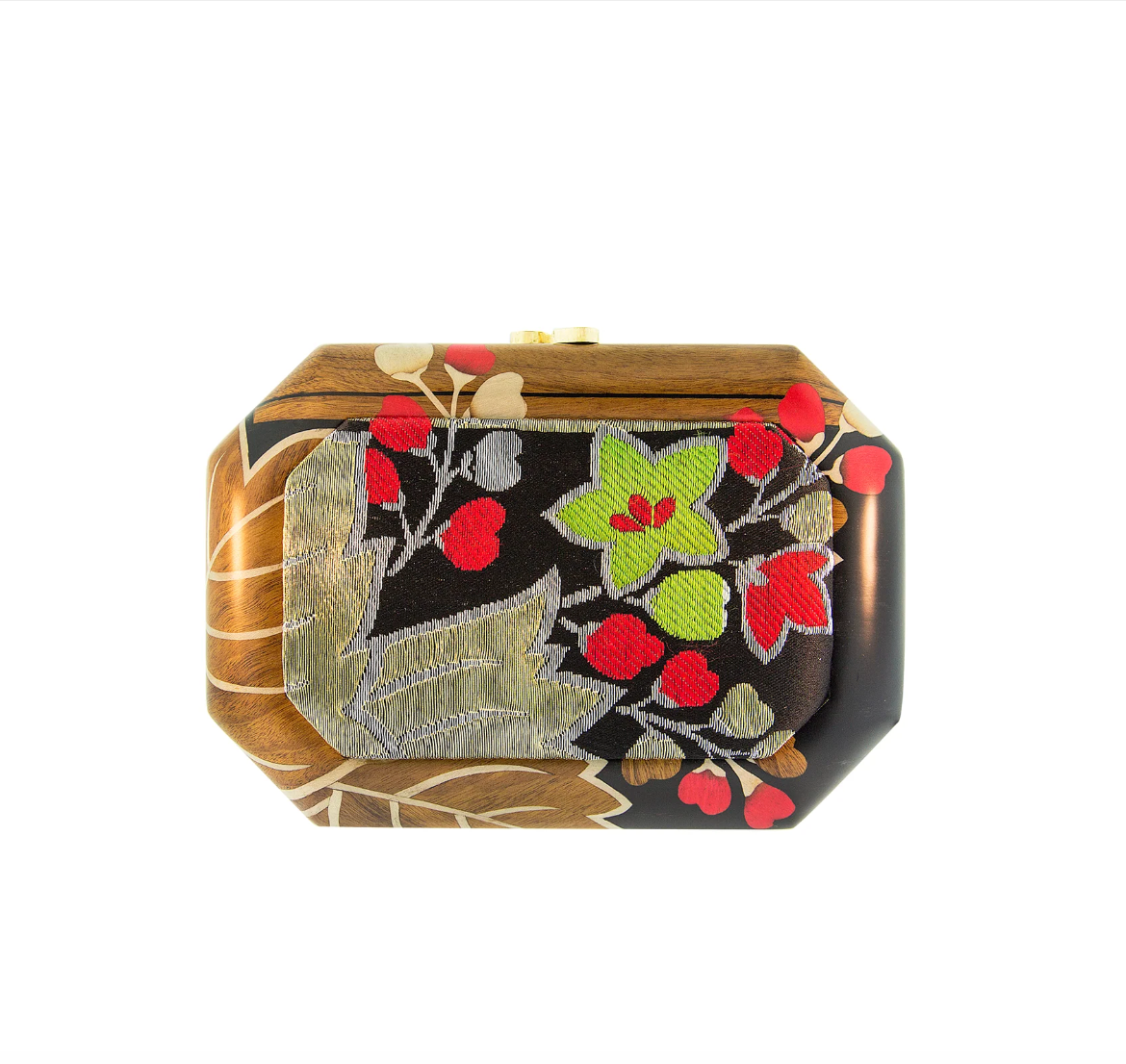 Obi Marquetry and Fabric Clutch in Yellow Gold