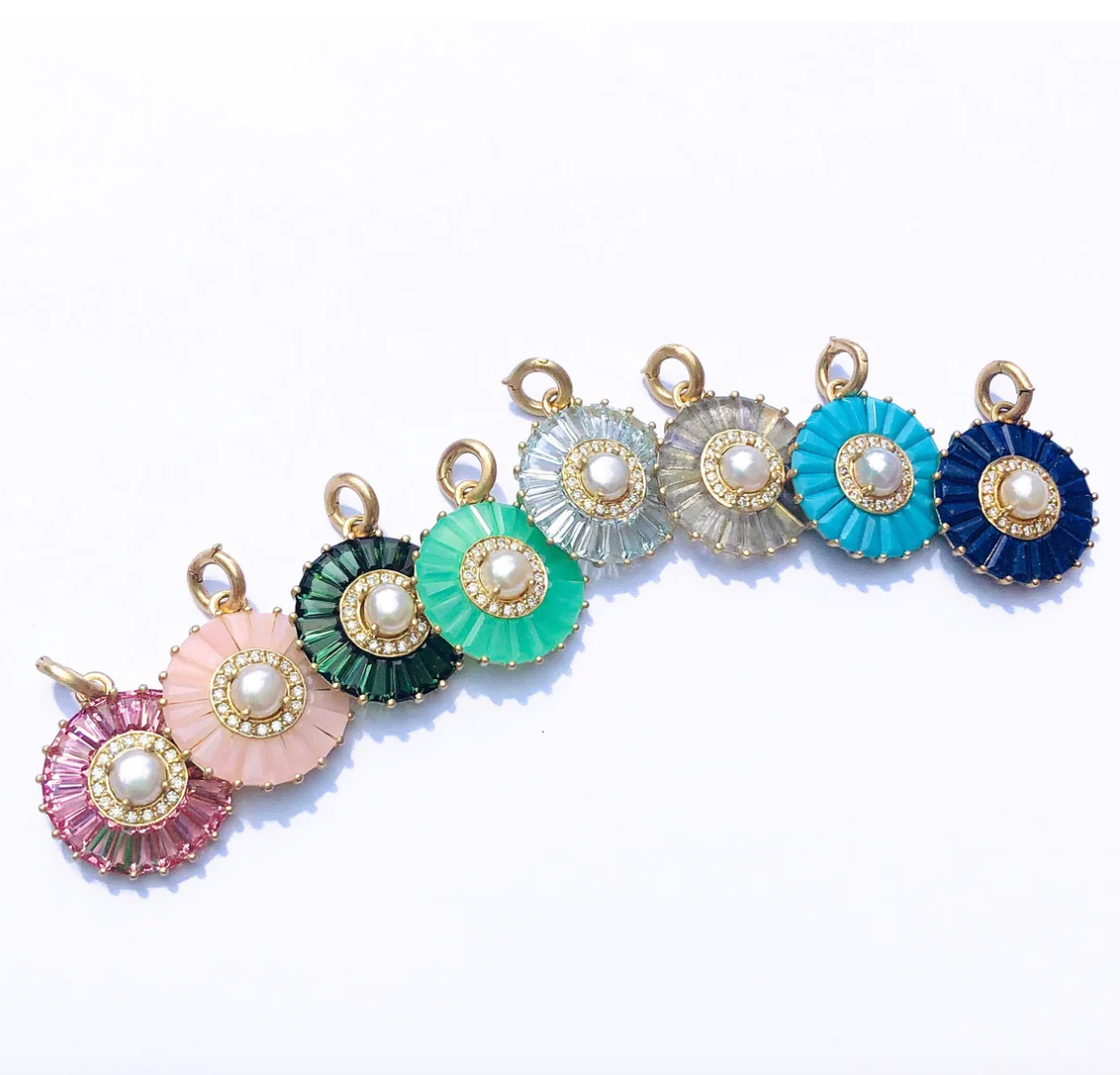 Pink Opal and White Pearl Emily Charm in Yellow Gold