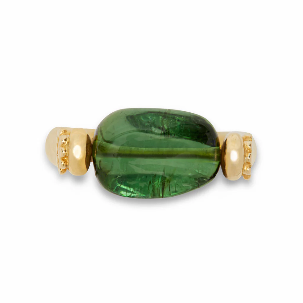 Green Tourmaline Single Stone Tumbler ring in yellow gold