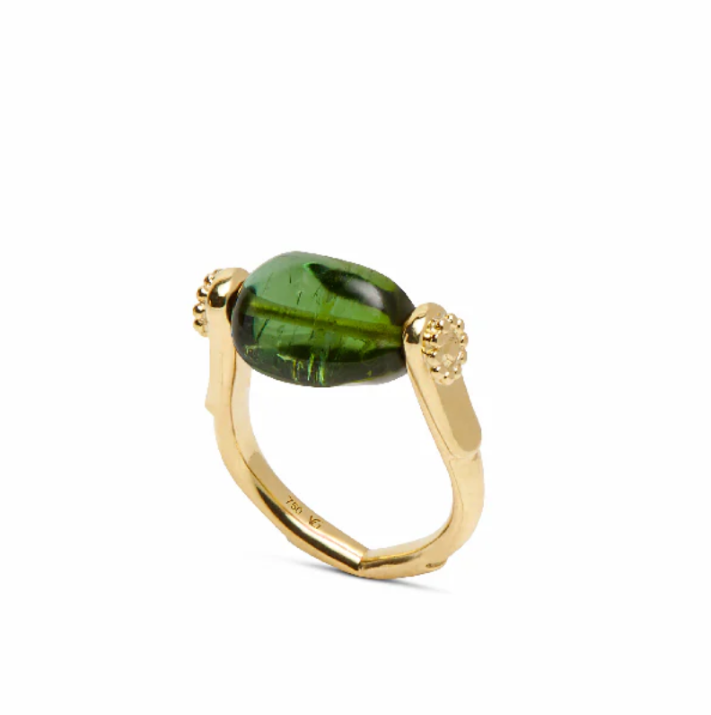 Green Tourmaline Single Stone Tumbler ring in yellow gold