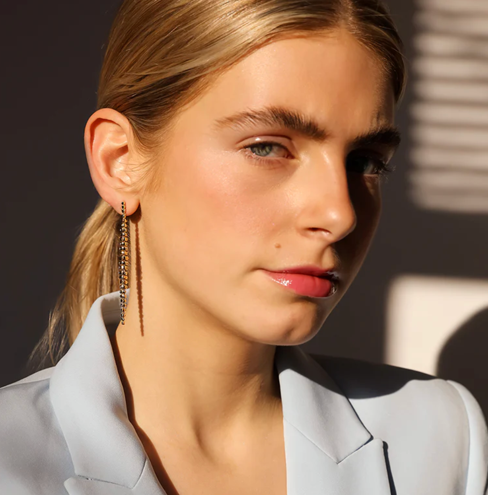 Jali breeze flexible long ear pendants in yellow gold