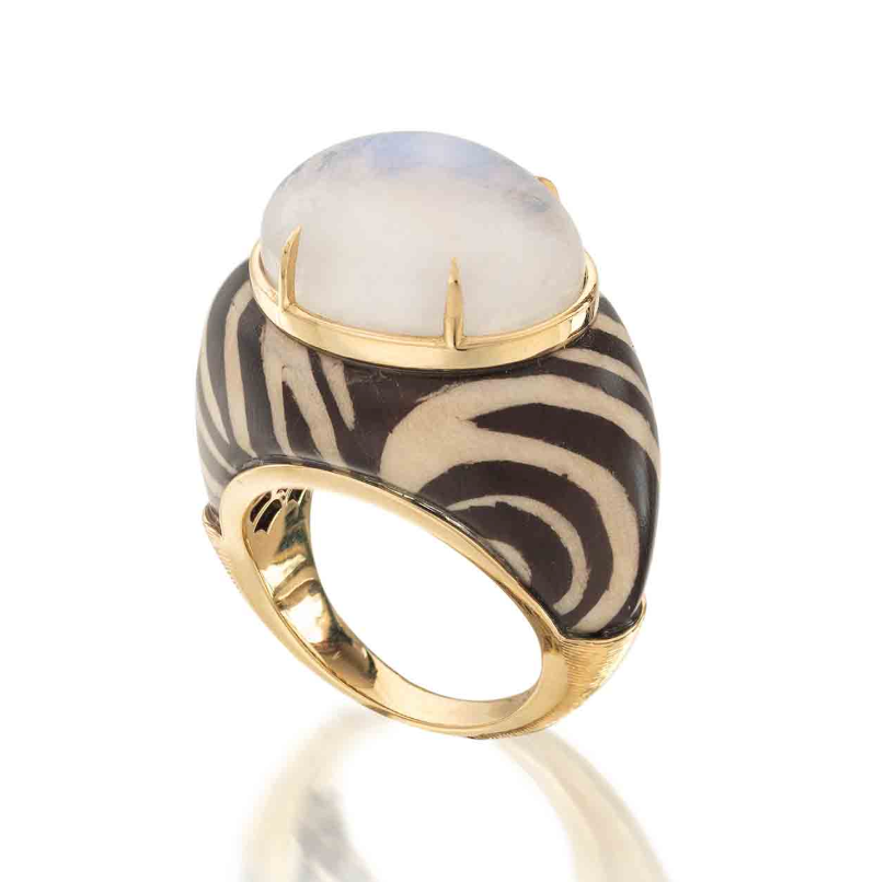 Moonstone and Zebra Marquetry ring in yellow gold