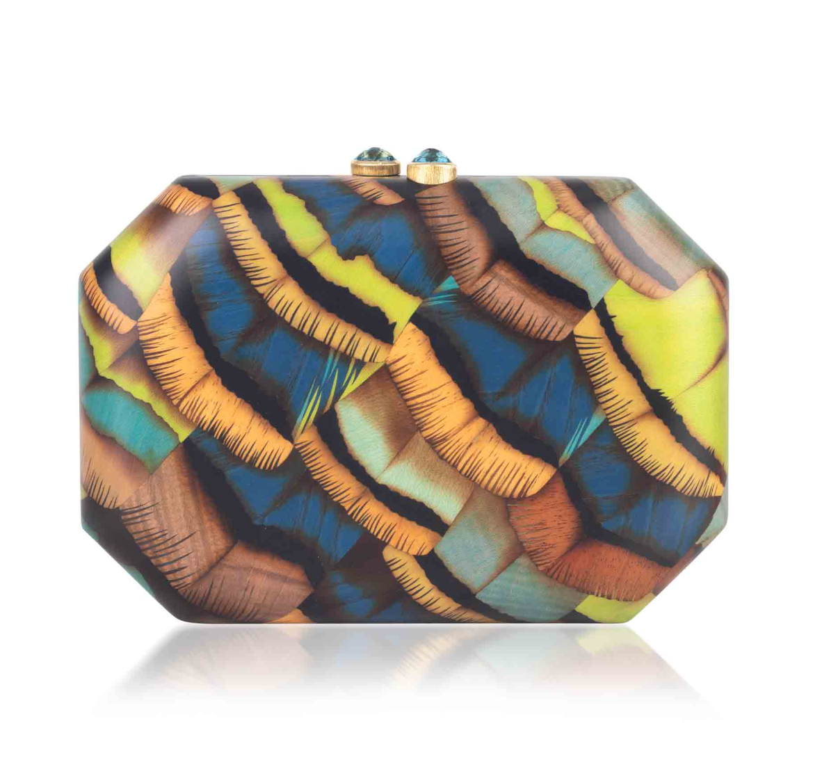 Marquetry clutch with feather motif and blue topaz in yellow gold