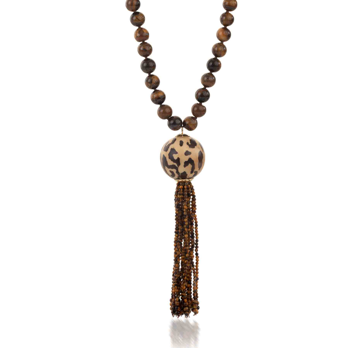 Marquetry Ball necklace with leopard print and tiger's eye in yellow gold