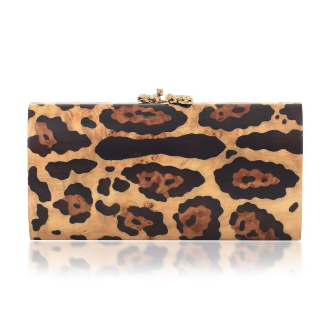 Marquetry clutch with leopard motif in yellow gold