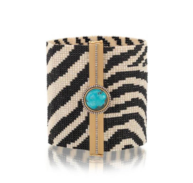 Woven porcelain beaded bracelet with turquoise in yellow gold