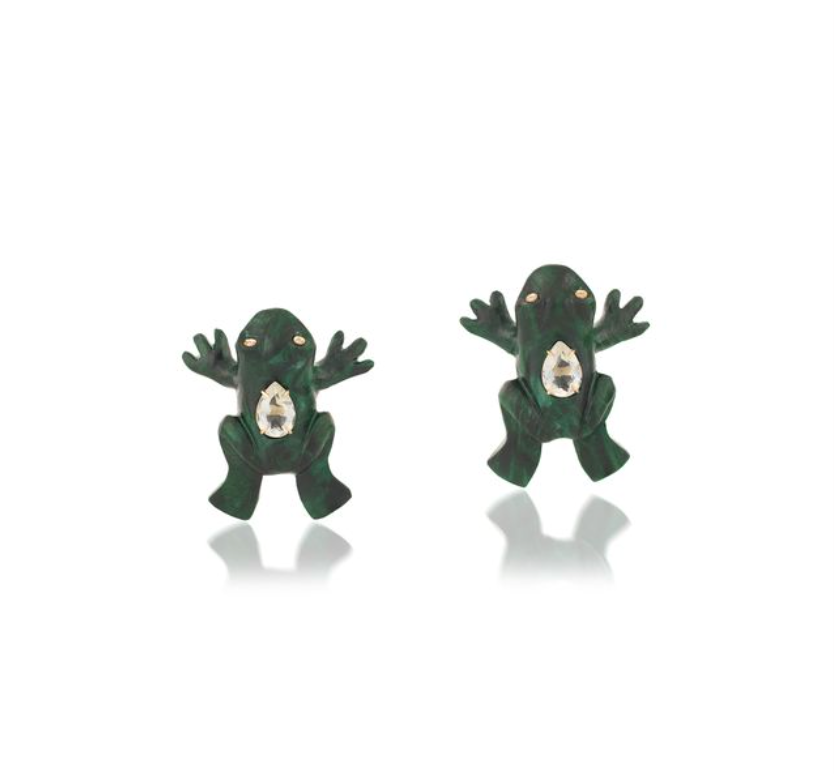 Green wood frog earrings with diamonds in yellow gold