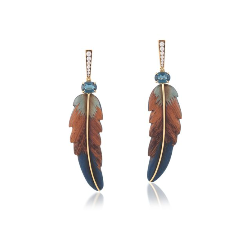 Feather Shaped Marquetry earrings with London blue topaz in yellow gold