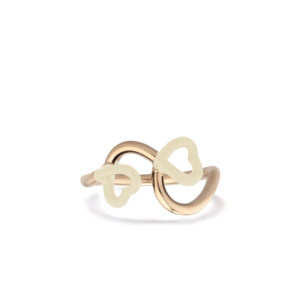 Panna Enamel Double Heart Ring in Yellow Gold