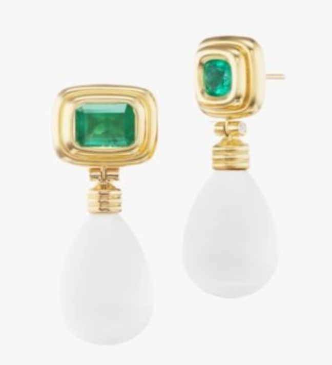 Emerald and Cacholong and Diamond Drop Earrings