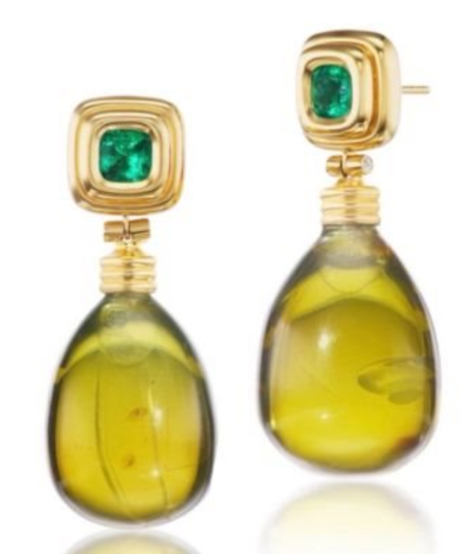 Emerald Green Amber and diamond 18K Gold drop earrings
