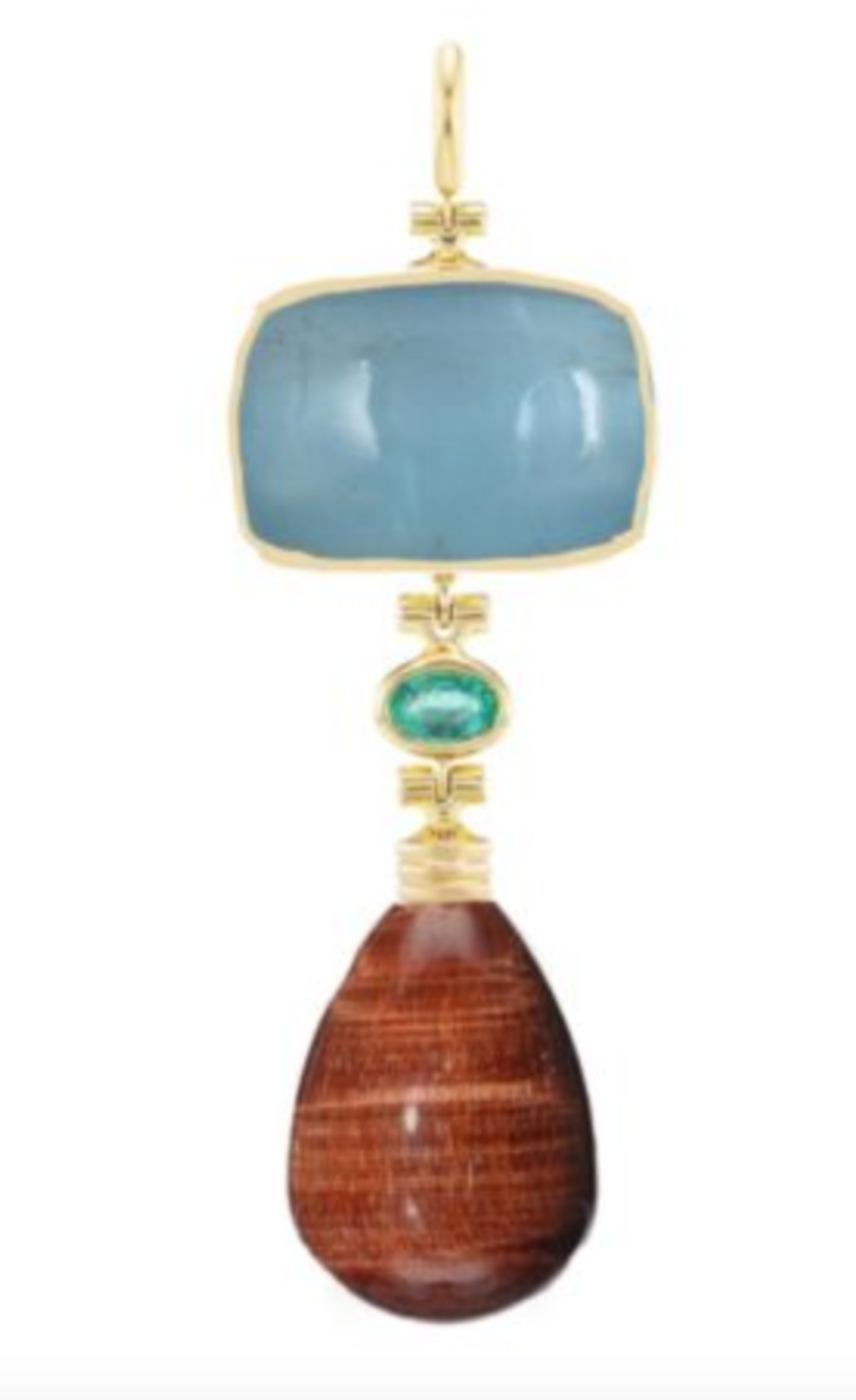 Porto Pendant with Aquamarine, Cabochon,Emerald & Red Tiger Eye with Diamond