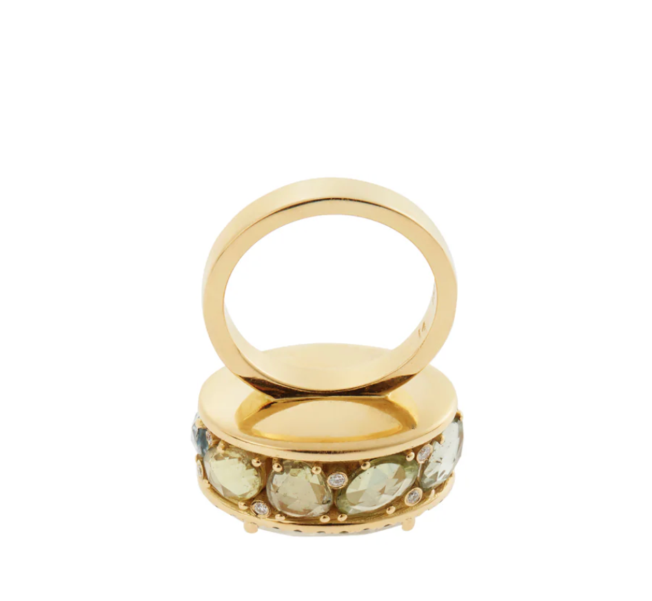 Moonstone Blossom Ring with Sapphires in Yellow Gold