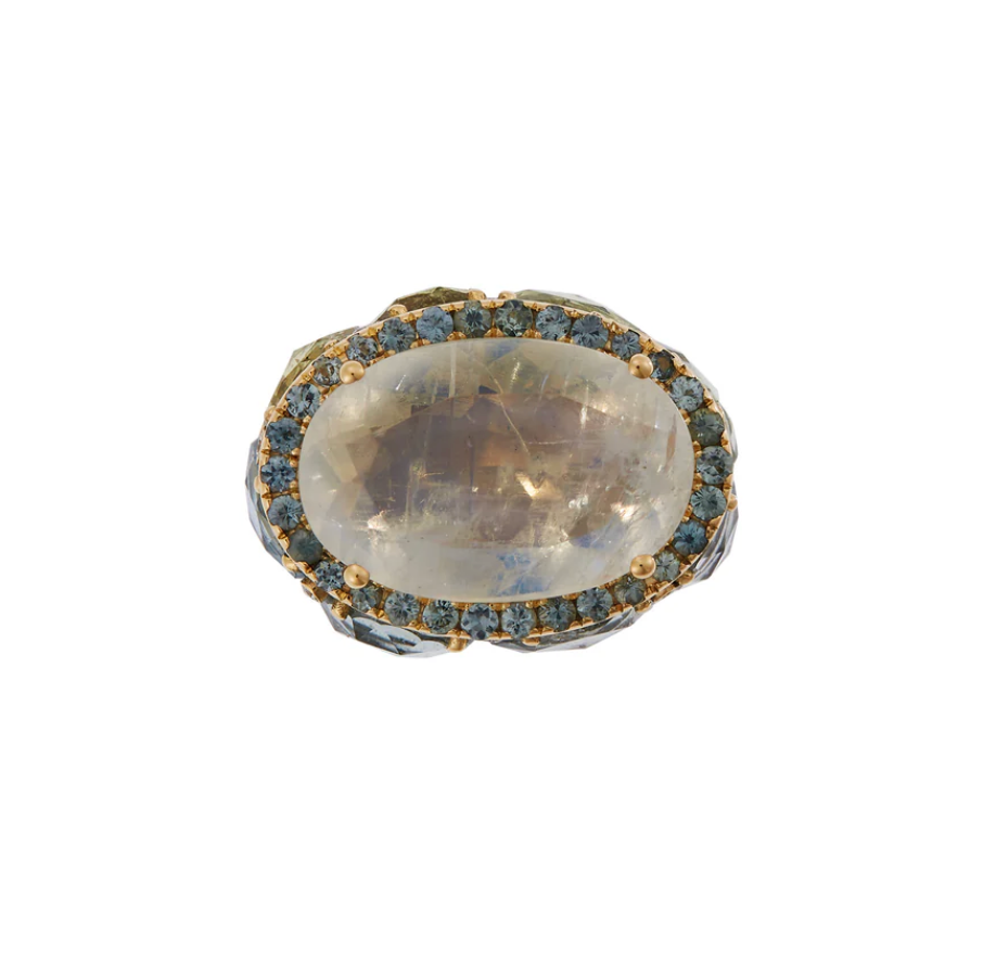 Moonstone Blossom Ring with Sapphires in Yellow Gold